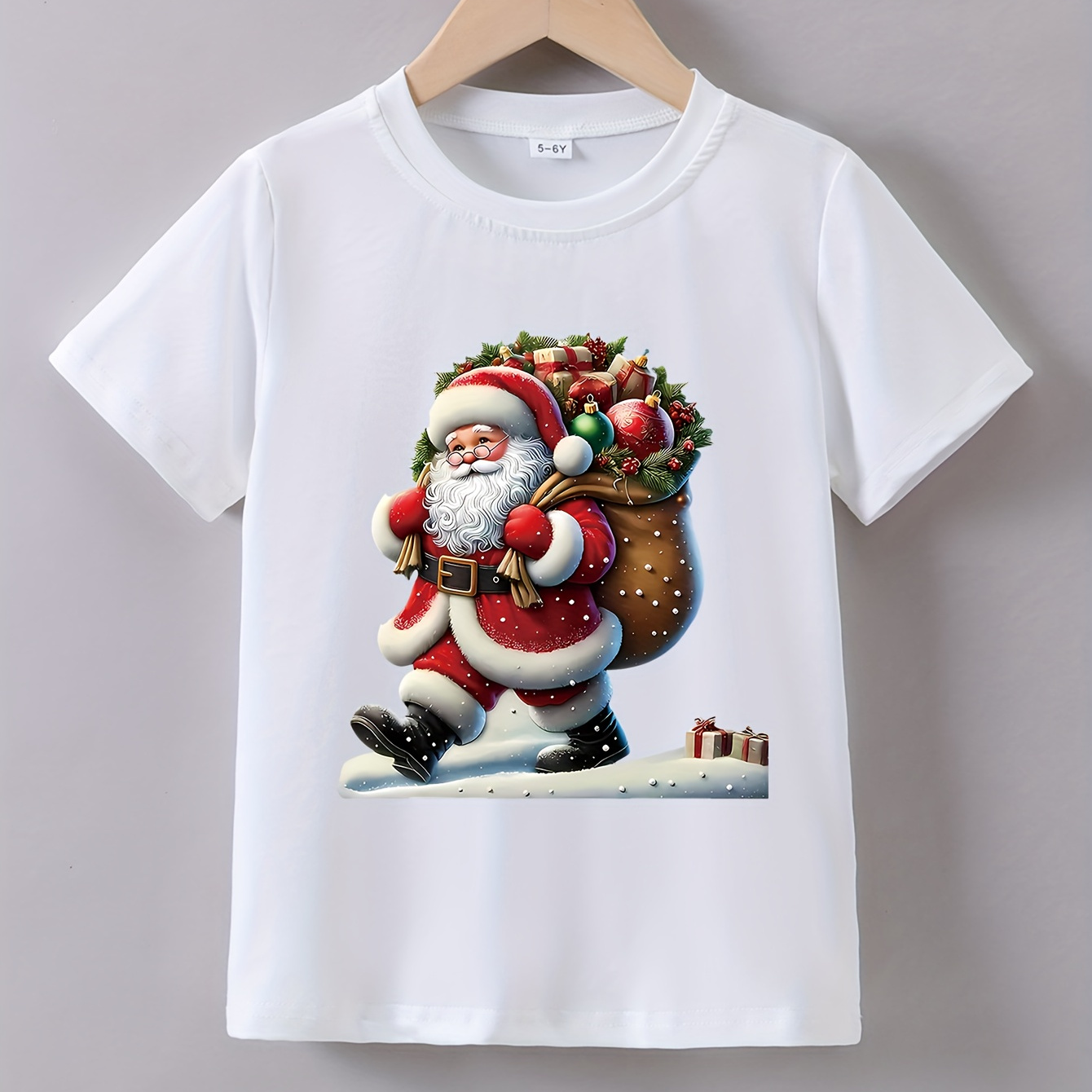 

Santa Claus Cartoon Neck T-shirt For - Casual Polyester Knit Fabric With Stretch, Summer Short Sleeve Tee With Regular Fit For 12 And Under