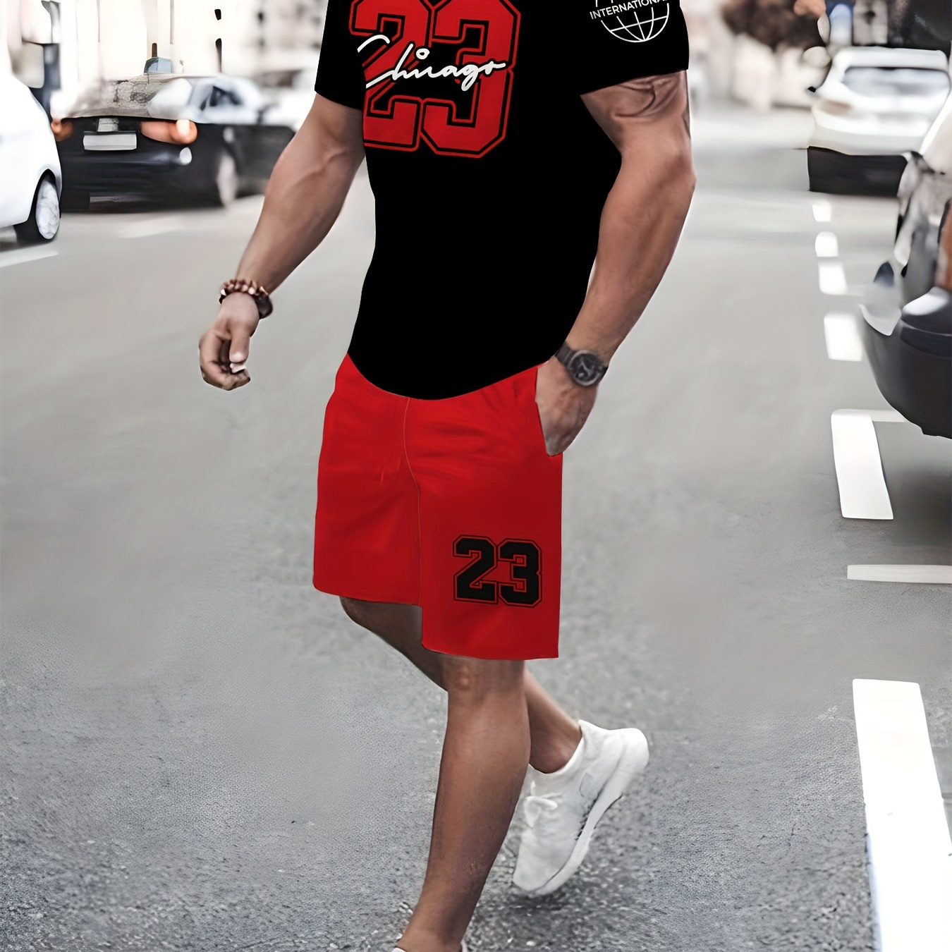 

2pcs Men's 'chicago 23' Print Short Sleeve T-shirt + -ord Set, Casual Stylish Outdoor Sporty Clothing As Gift