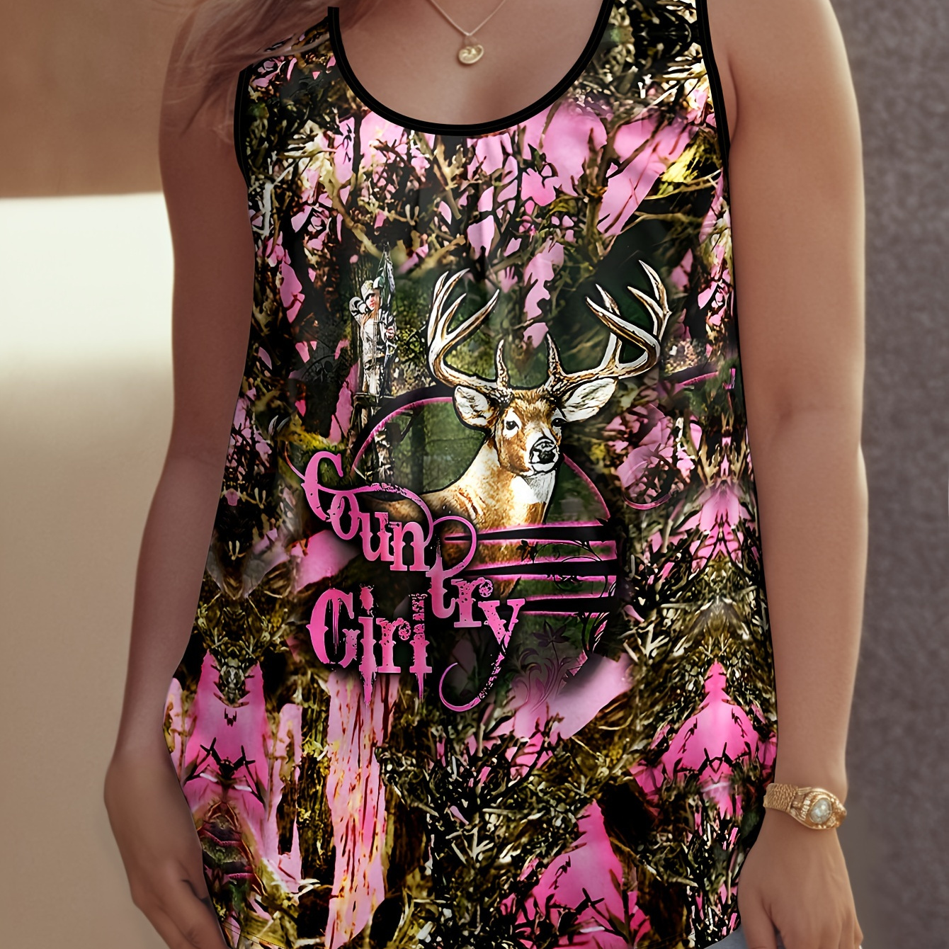 

Plus Size Deer Print Tank Top, Casual Sleeveless Tank Top For Summer, Women's Plus Size Clothing