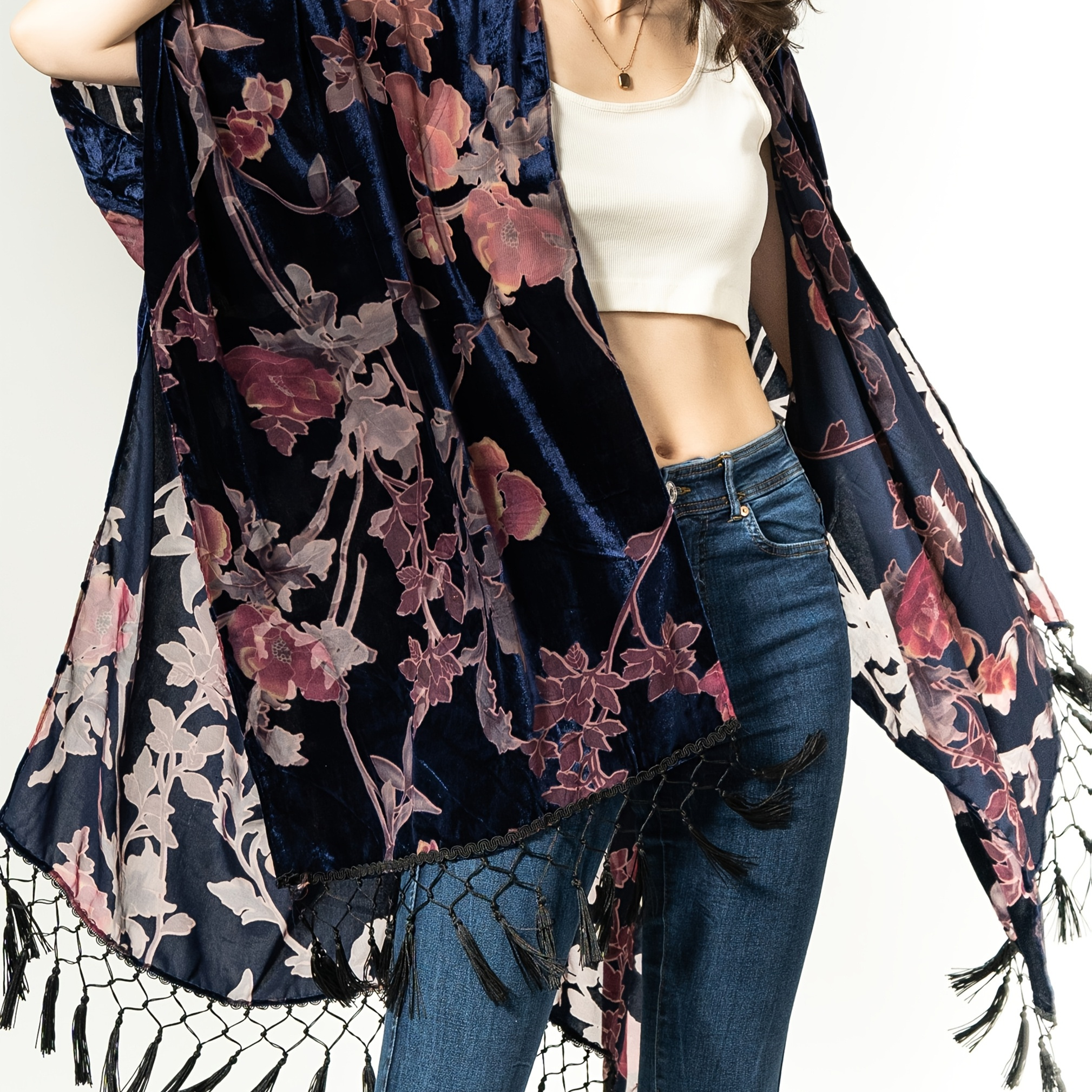 

Elegant Floral Velvet Kimono Cardigan For Women – Long Navy Blue & Cover-up, Lightweight Nylon Blend, Open Front Design, 1 Size Fits All, Summer Layering