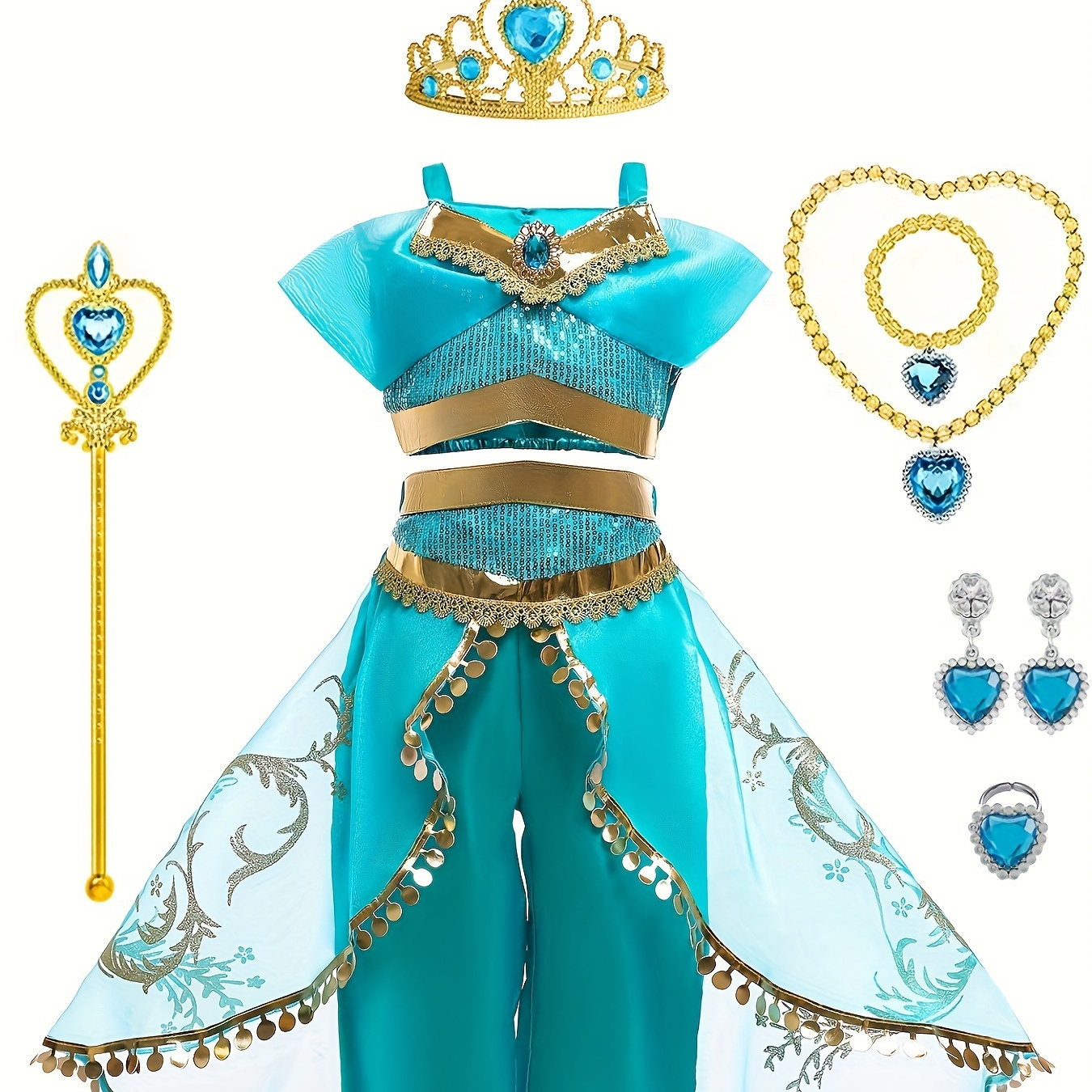 

Girls Cartoon Themed Party Dress Up Outfit, Fake Jewel Applique Strap Top & Mesh Overlay Trousers & Accessories, Girls Princess Clothing For Halloween
