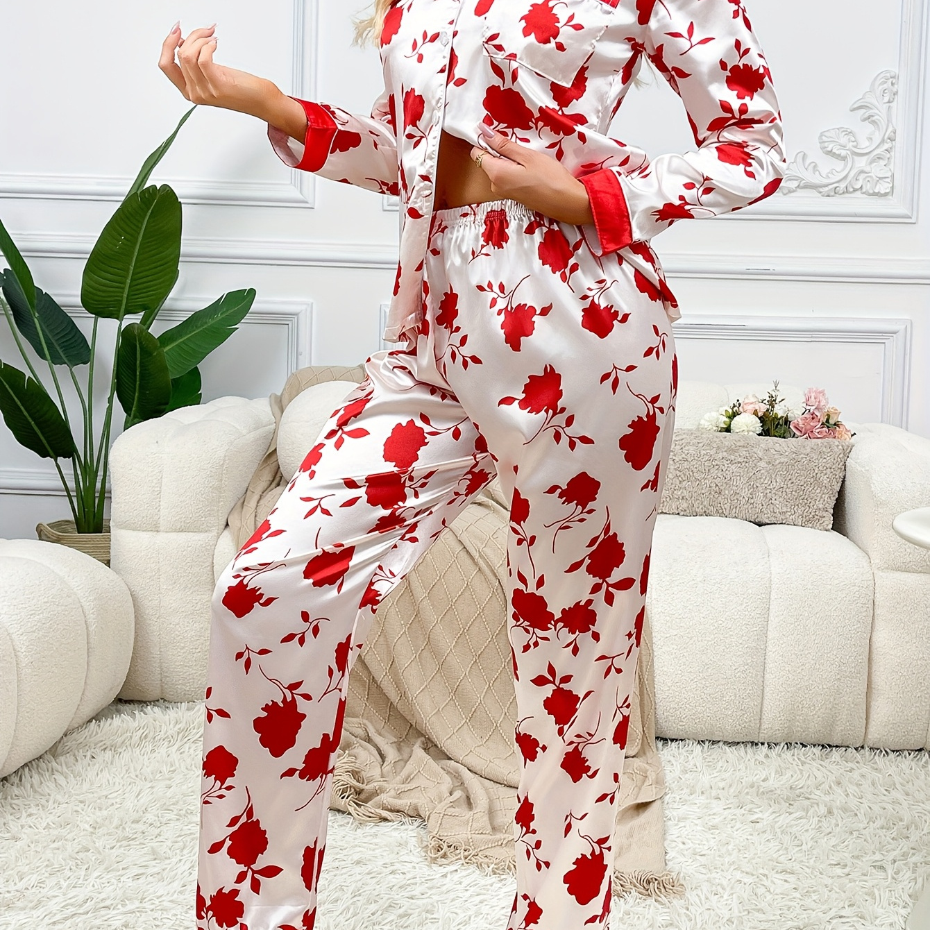 

Ensemble Pyjama Automnal à Manches Longues et Pantalon Long à Imprimé Fleur en Satin