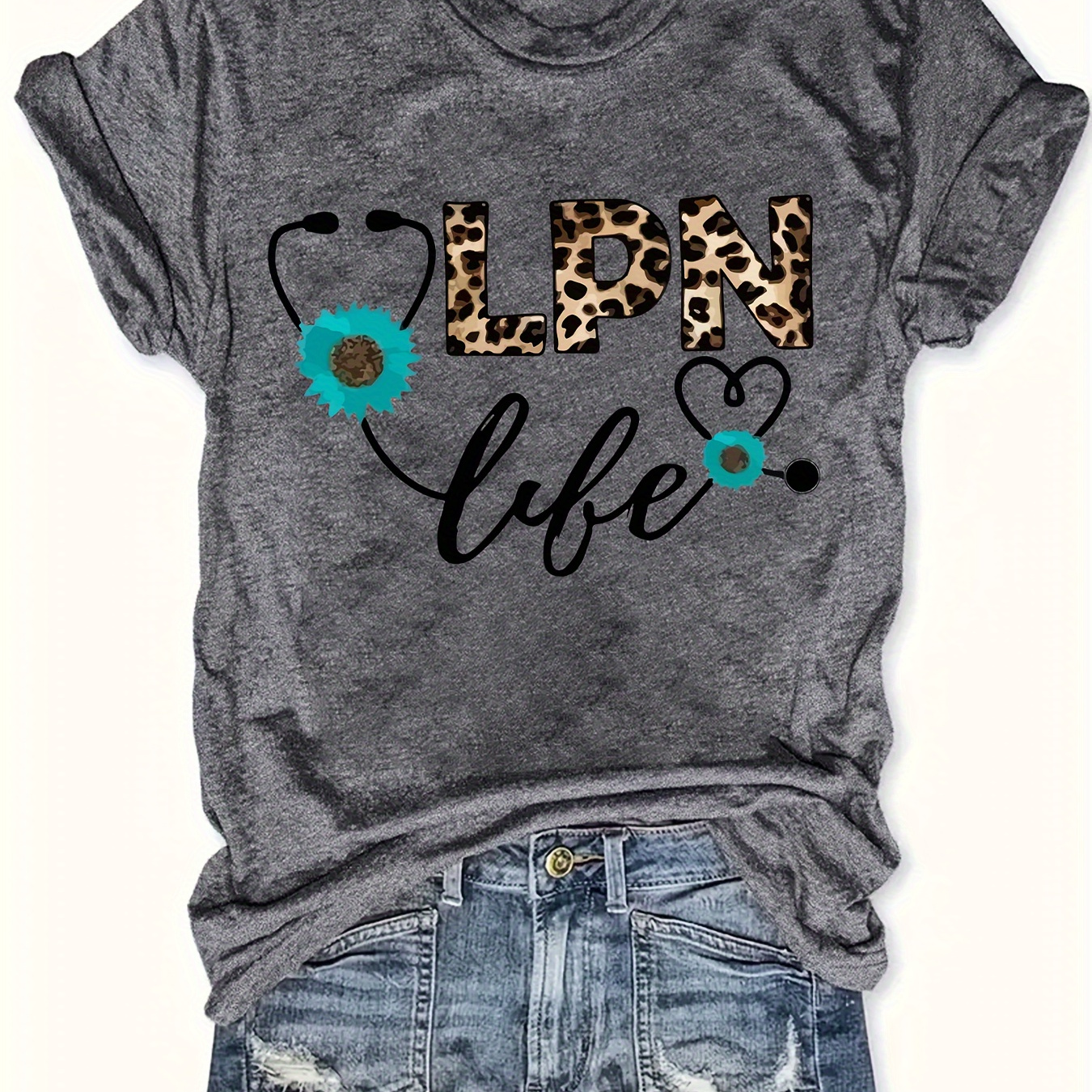 

Plus Size Lpn & Stethoscope Print T-shirt, Casual Short Sleeve Crew Neck Top For Spring & Summer, Women's Plus Size Clothing