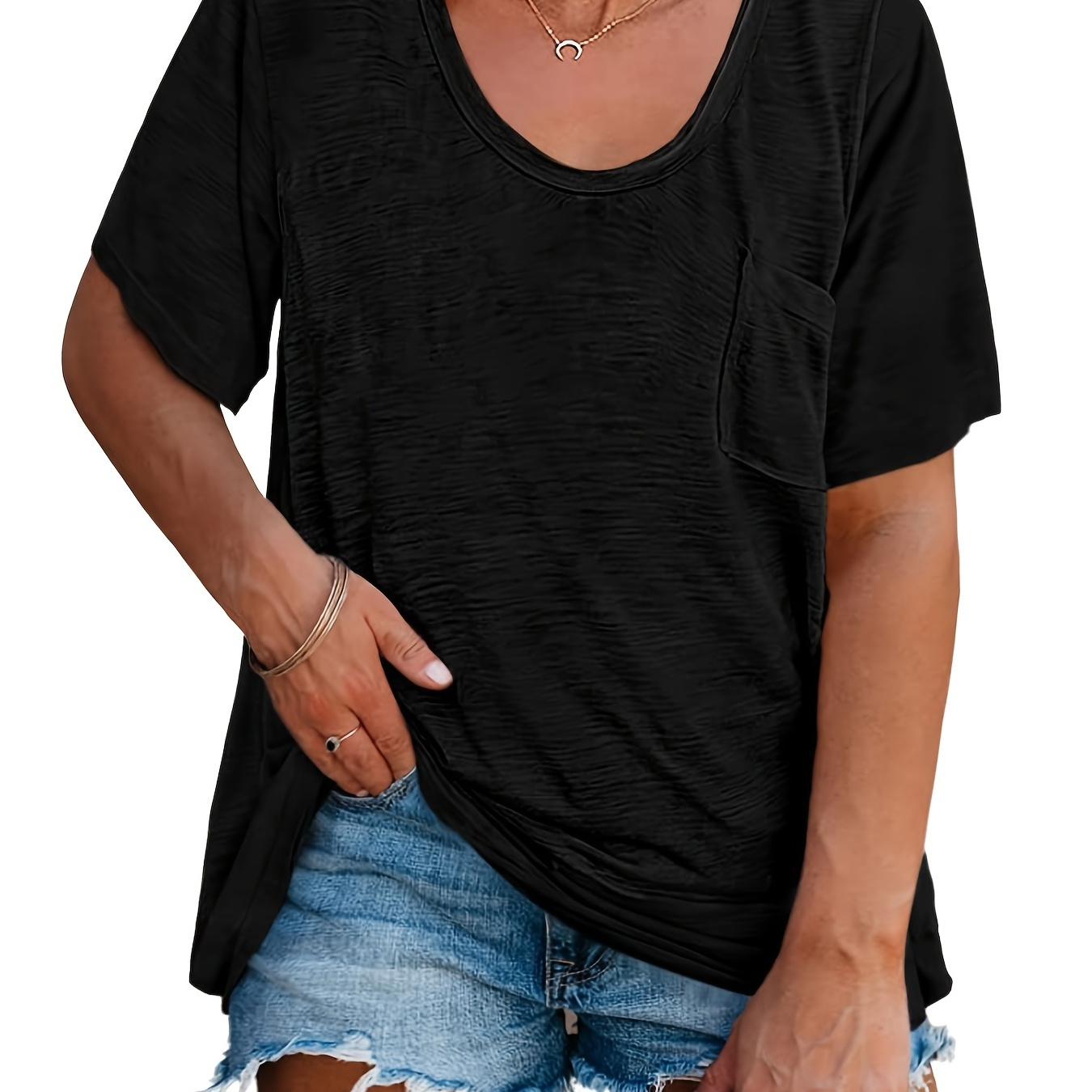 

Plus Size Basic Tee, Women's Plus Slight Stretch Short Sleeve Basic Round Neck Pullover T-shirt