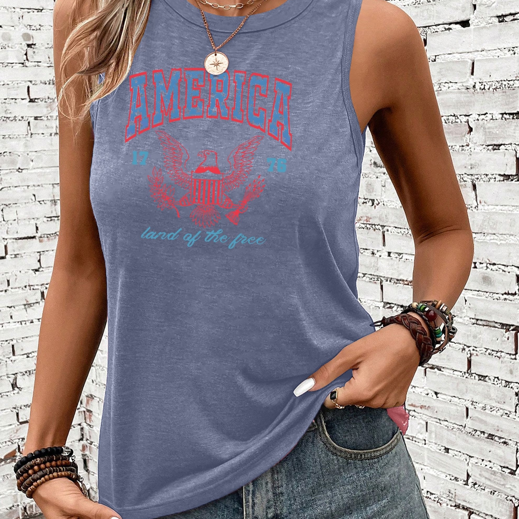 

America Print Tank Top, Sleeveless Casual Top For Summer & Spring, Women's Clothing