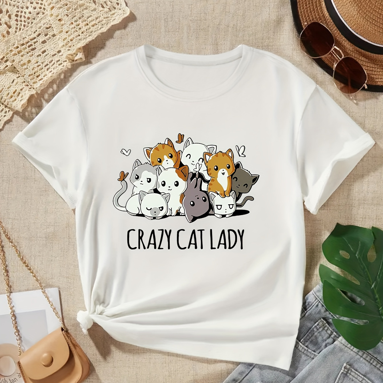 

Crazy Cat Lady And Cute Anime Cats Graphic Print, Girls' Casual Crew Neck Short Sleeve T-shirt, Comfy Top Clothes For Spring And Summer For Outdoor Activities