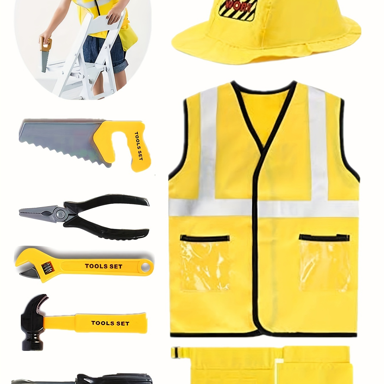 

Boys Halloween Construction Worker Style Outfit Set, 5pcs, Reflective Yellow Vest With Tools, Party Dress-up