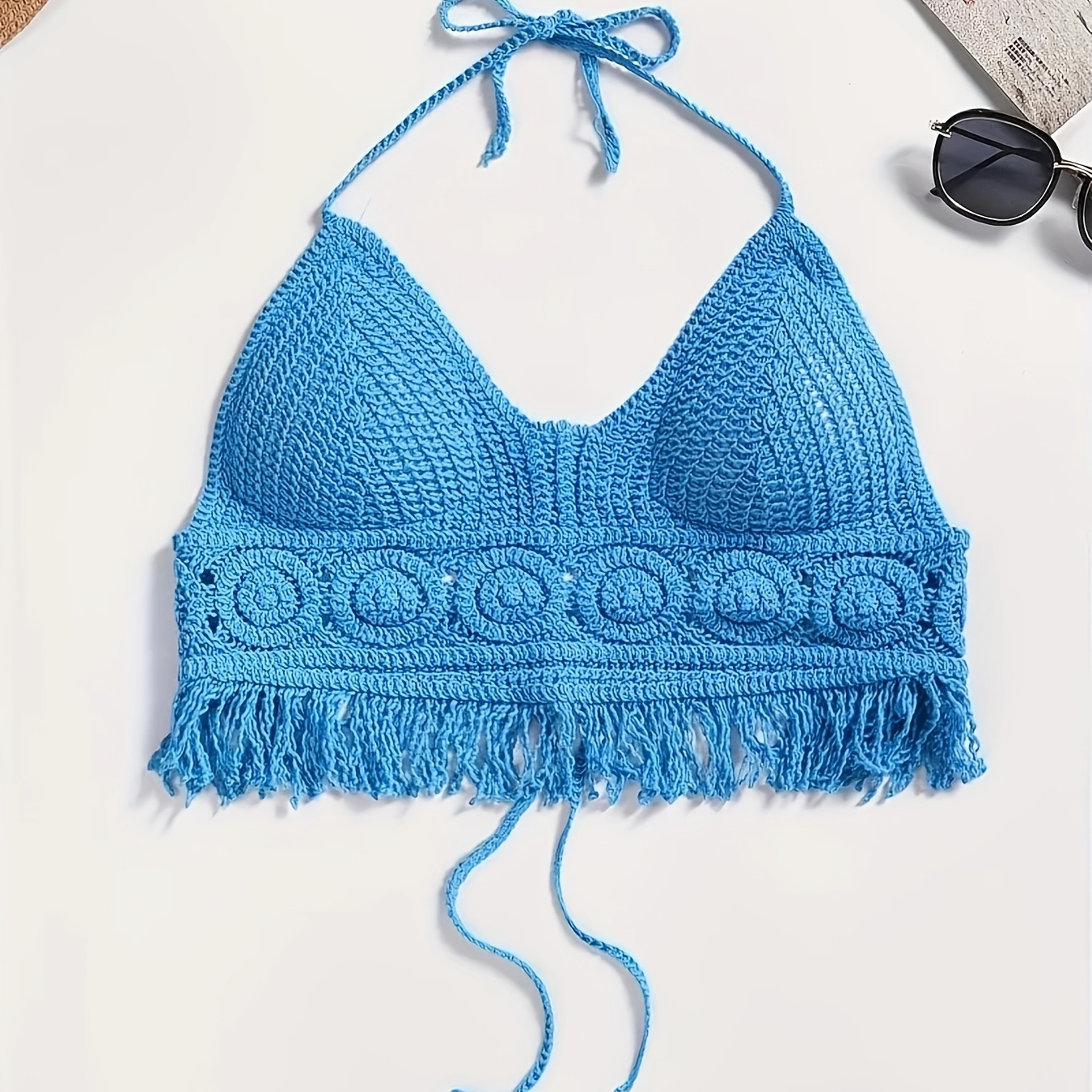 

1pc Chic Crochet Halter Top, Women's Hollow-out Knit Fabric Swimsuit With Tassel Detail, V-neck Crochet Bikini Cover-up, 65% Rayon 35% Polyester, Slight Stretch