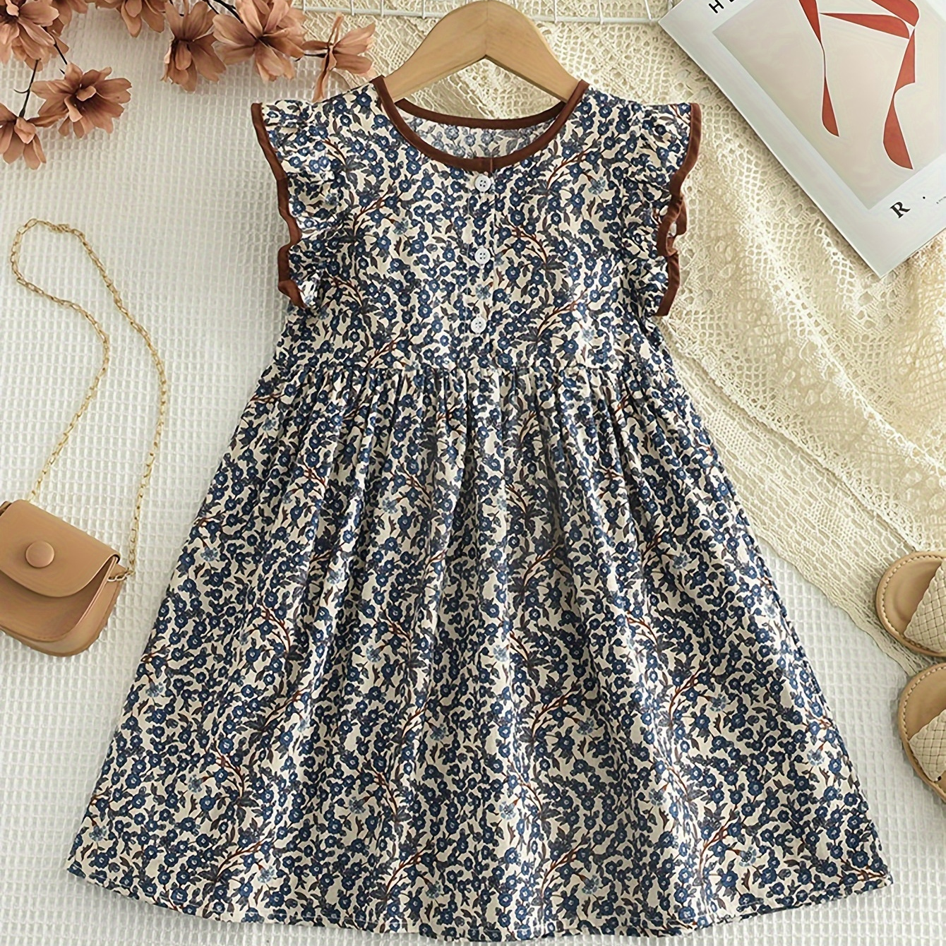 

Frill Sleeveless Ethnic Floral Cotton Dress Boho Vacation Casual Dresses For Girls, Summer Gift