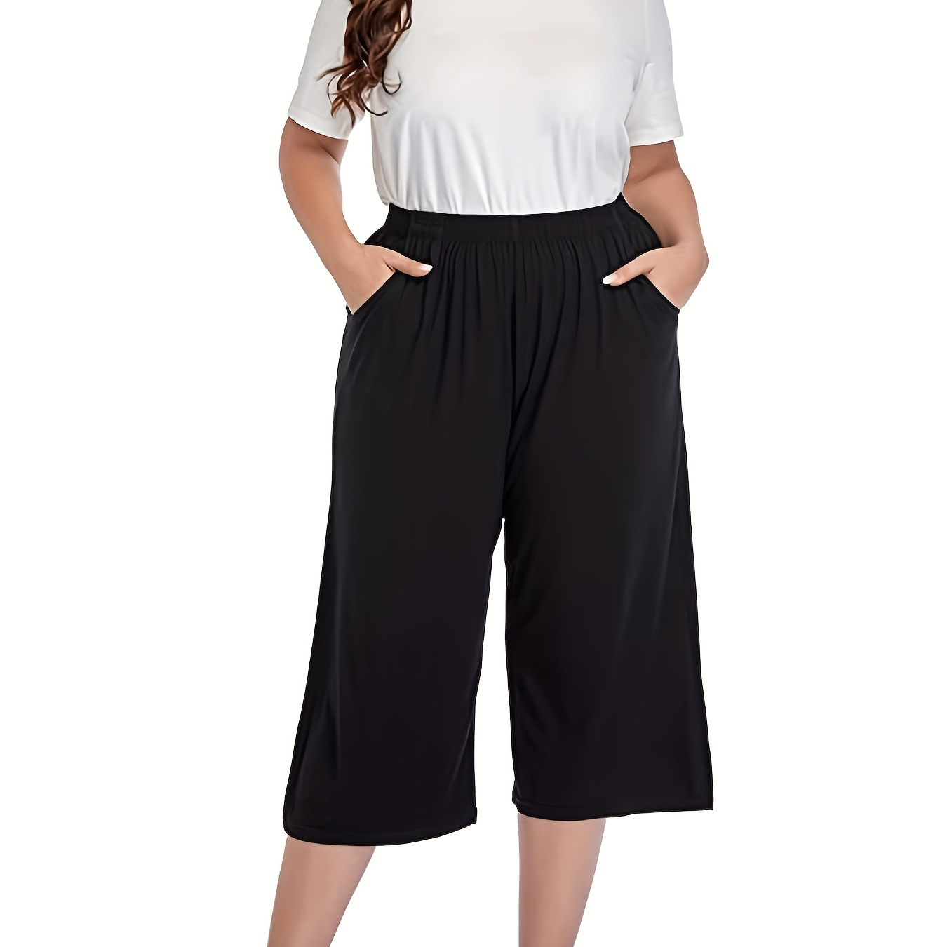 

Plus Size Elegant Capri Pants, Women's Plus Solid Elastic High Rise Wide Leg Capri Trousers With Pockets