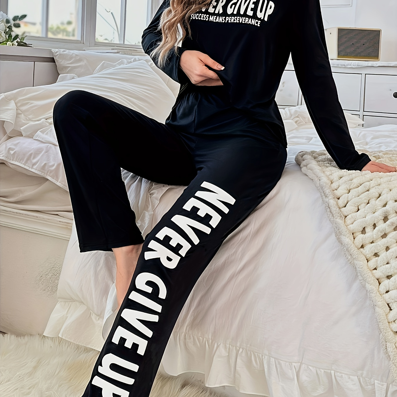 

Women's Long Sleeve Pajama Set, Black Polyester, Casual Round Neck, Letter Print, Knit Fabric, Adult Sleepwear, Home Loungewear, Autumn/winter Season