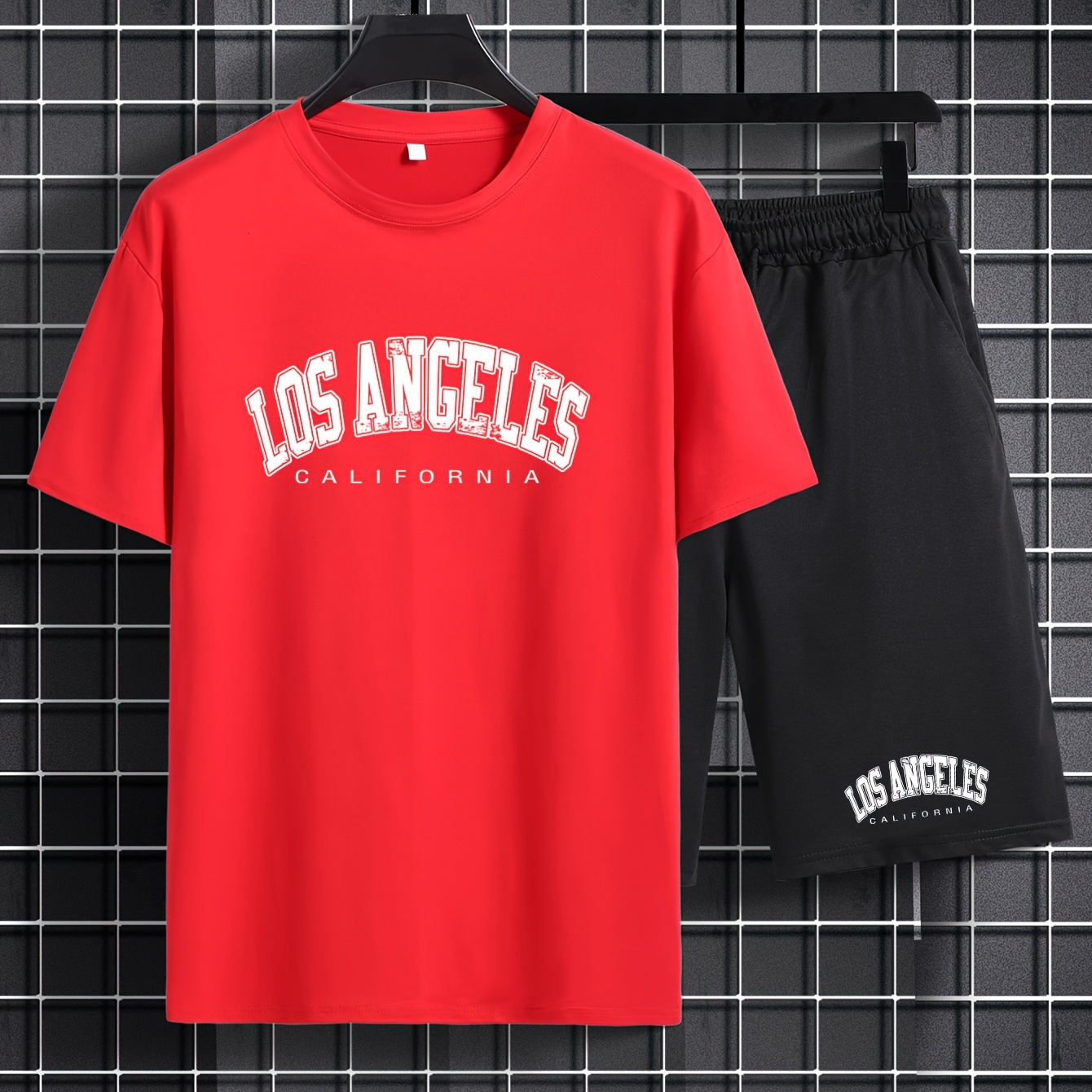 

Plus Size Men's "los Angeles" Graphic Print T-shirt & Shorts Set For Summer, Casual Trendy 2pcs Outfits For Sports/outdoor
