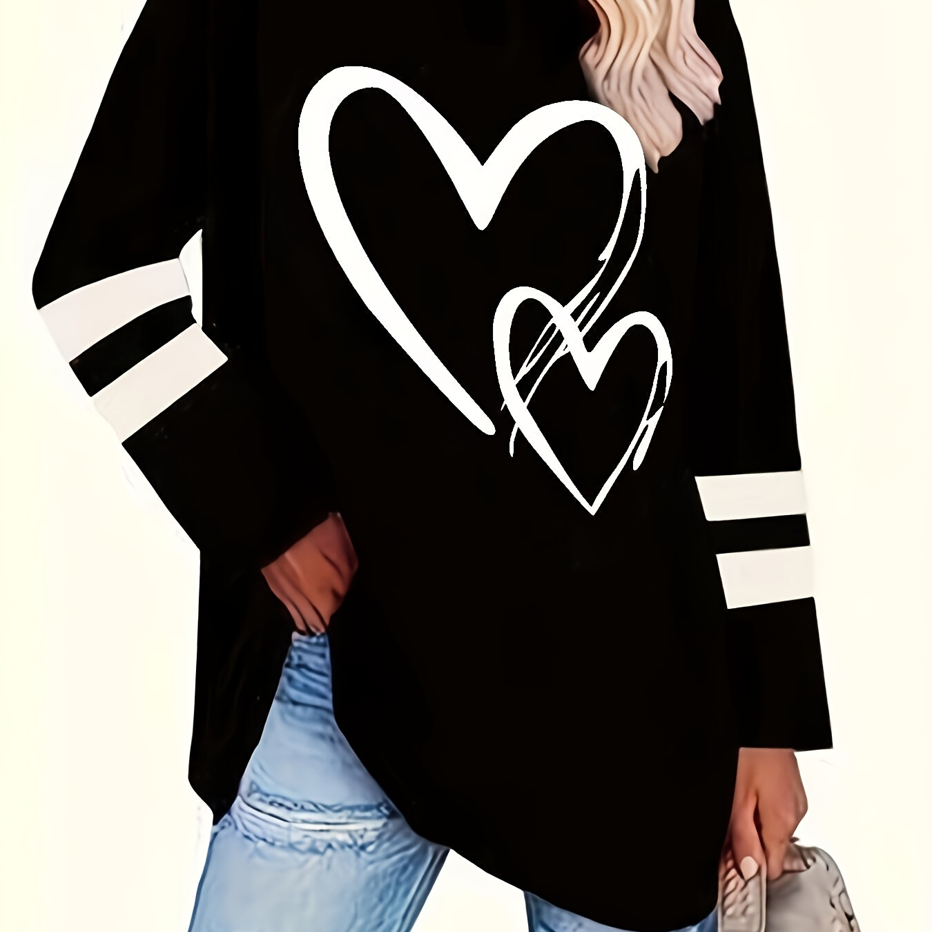 

Women's Plus Size Heart Stripe Long Sleeve T-shirt - Black With White , Casual Crew Neck, Soft Polyester Knit, Comfortable Casual Attire, Heart Tshirt