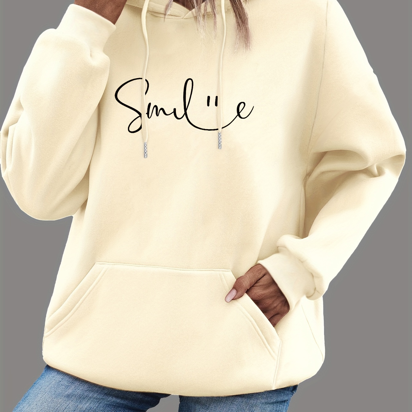

Smile Print Kangaroo Pocket Hoodie, Casual Long Sleeve Drawstring Hoodie Sweatshirt, Women's Clothing