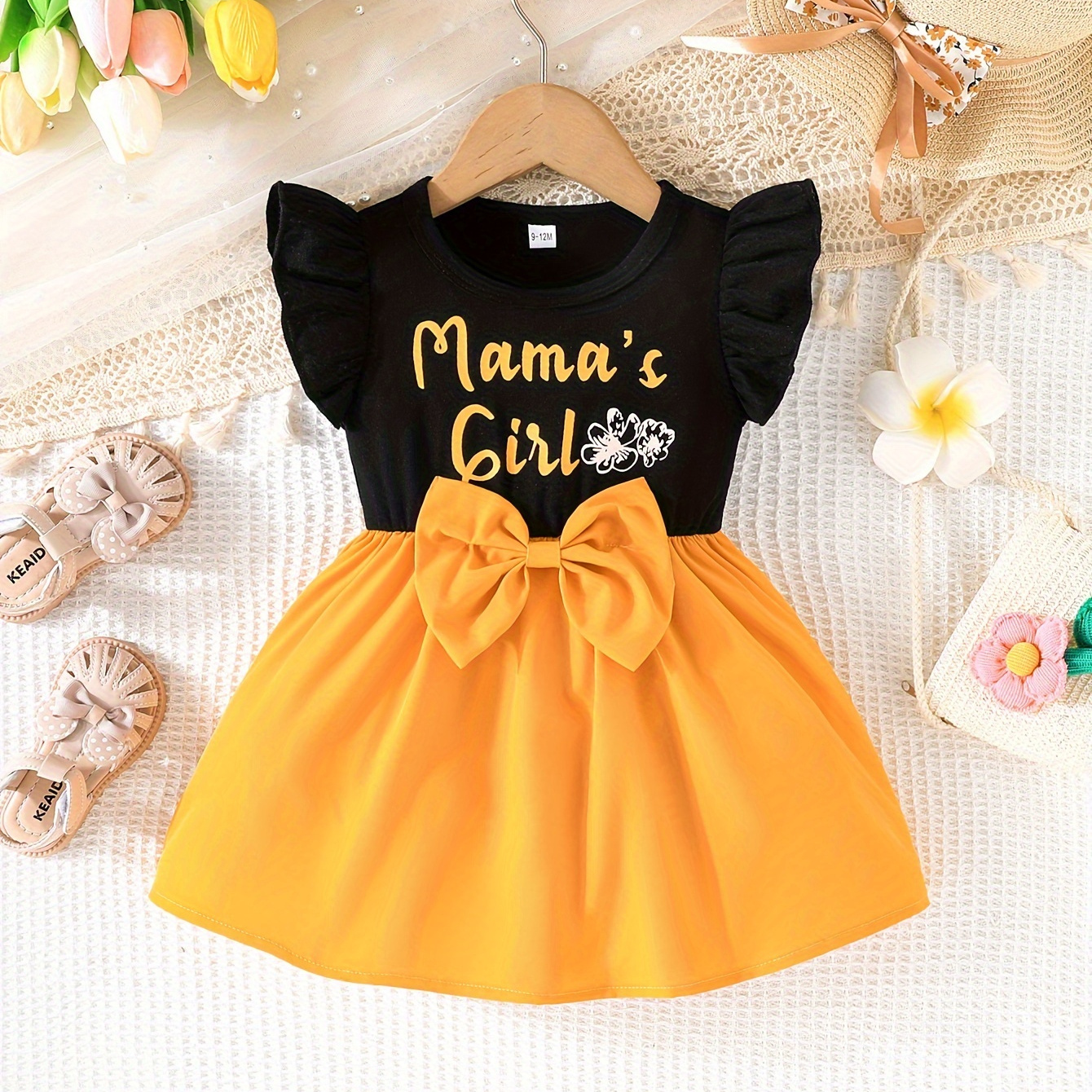 

Baby's Casual Bowknot Decor "mama's Girl" Print Cap Sleeve Dress, Infant & Toddler Girl's Clothing For Summer/spring, As Gift