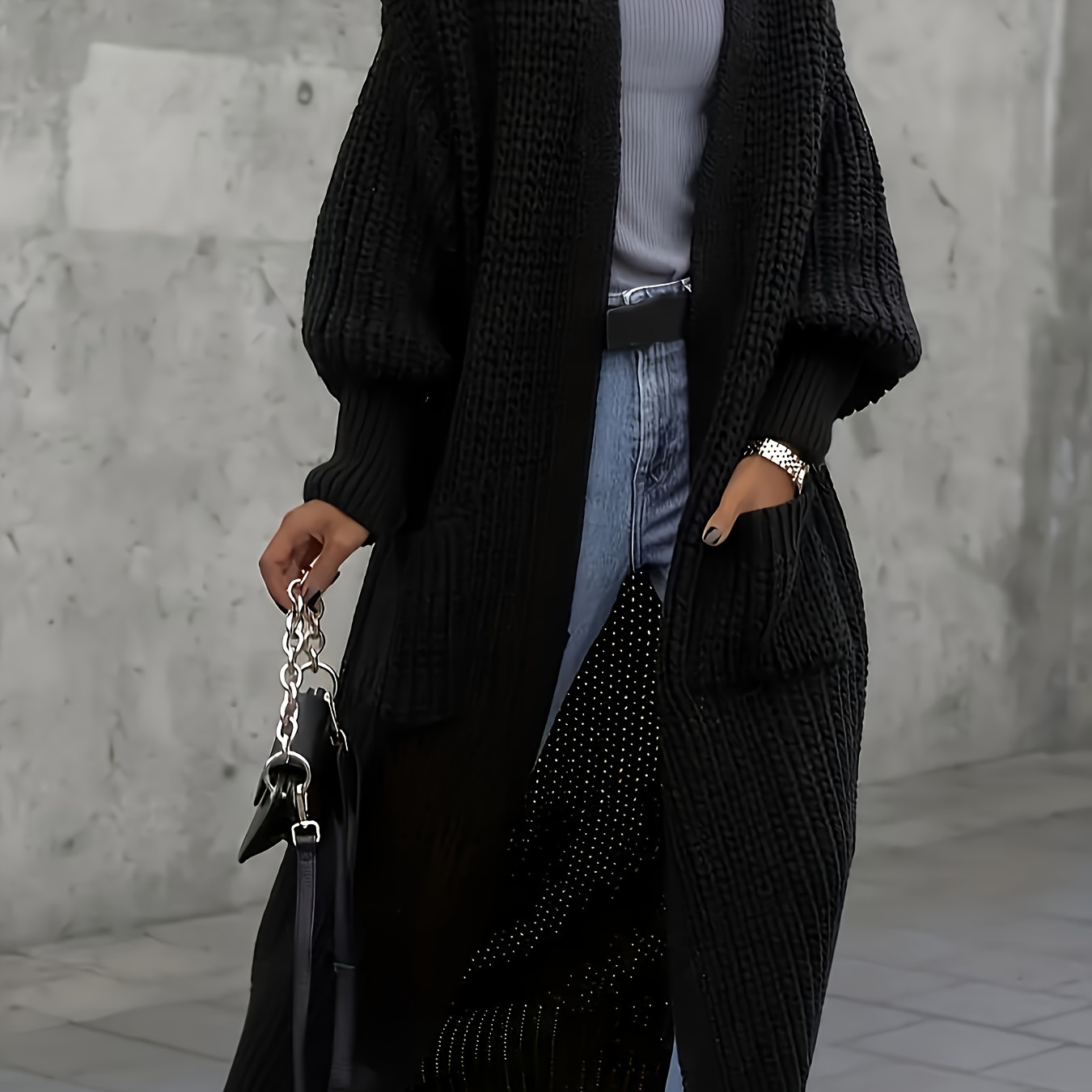 

Elegant Women's Long Cardigan With Pockets - Chic Lantern Sleeve, Open Front, 100% Acrylic - Ideal For Fall/