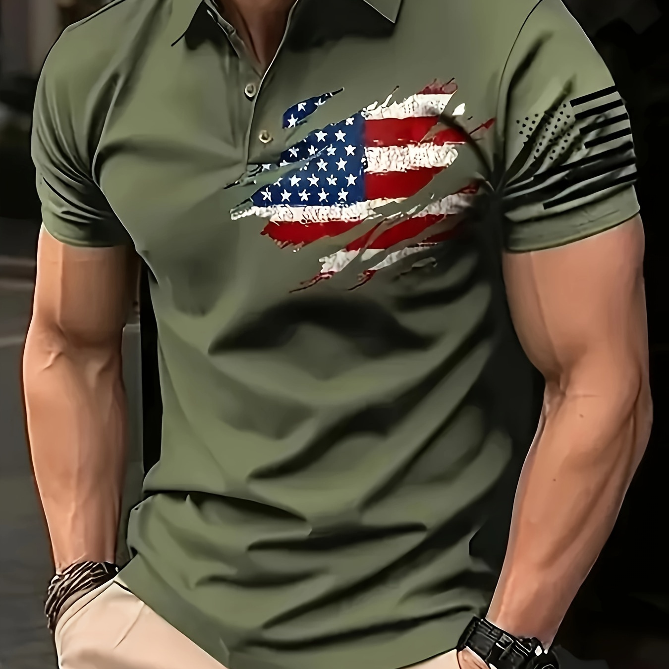 

Vintage American Flag Digital Print Men's Short Sleeve Lapel Shirt, Summer Outdoor Men's Streetwear