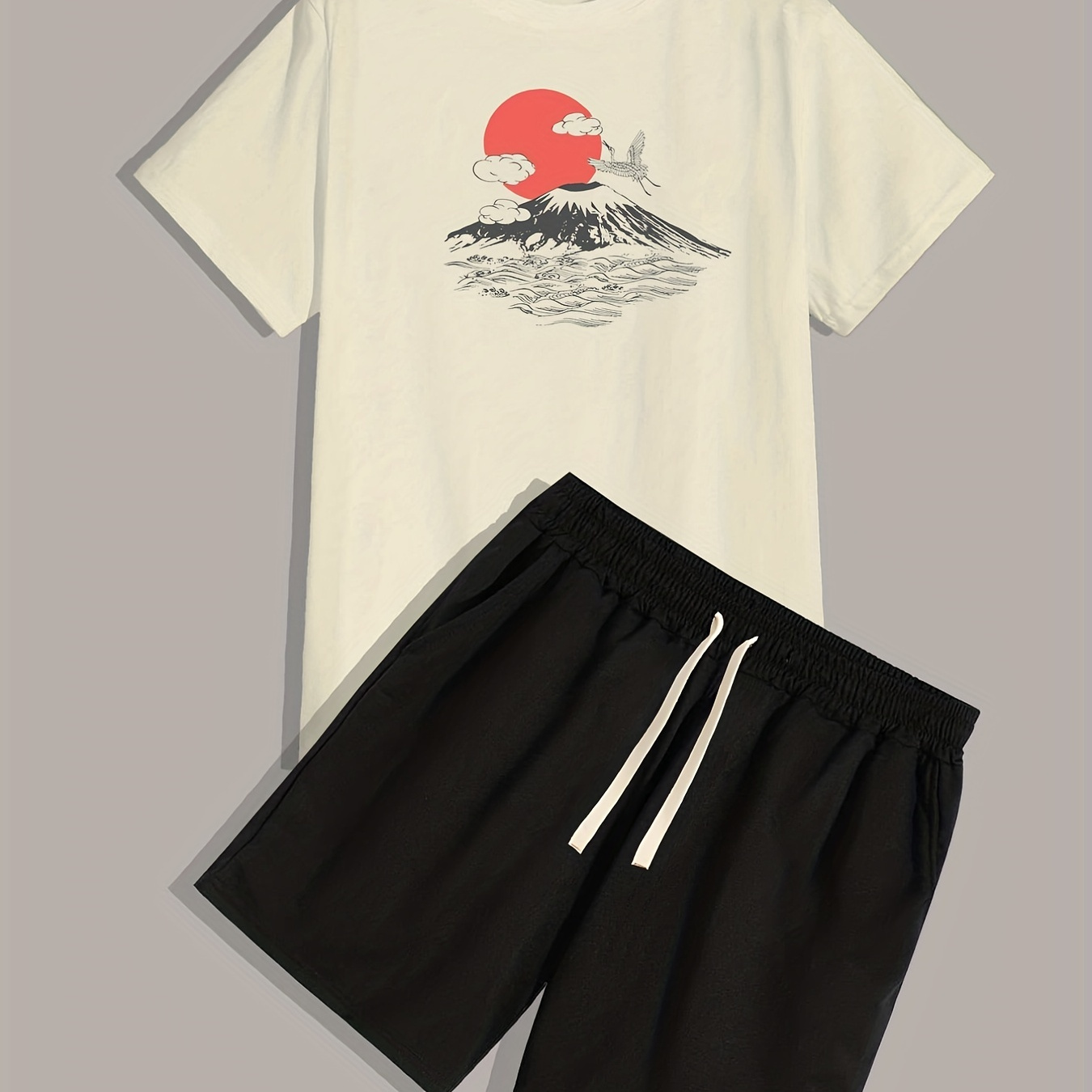 

Crane Print, Men's 2pcs, Short Sleeve Round Neck T-shirt And Drawstring Shorts Set