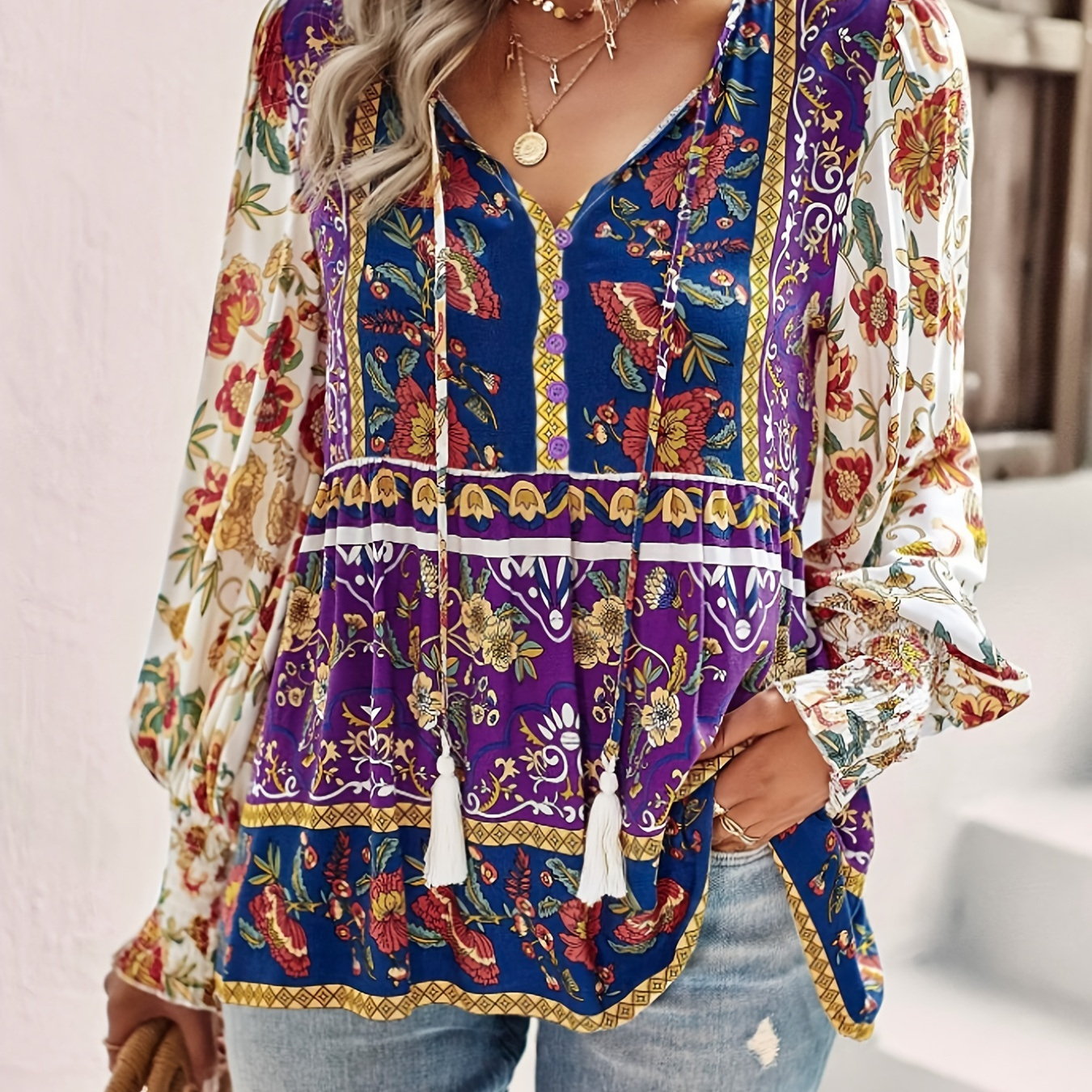 

Floral Print Tassel Tie Blouse, Casual Lantern Sleeve Blouse For Spring & Fall, Women's Clothing