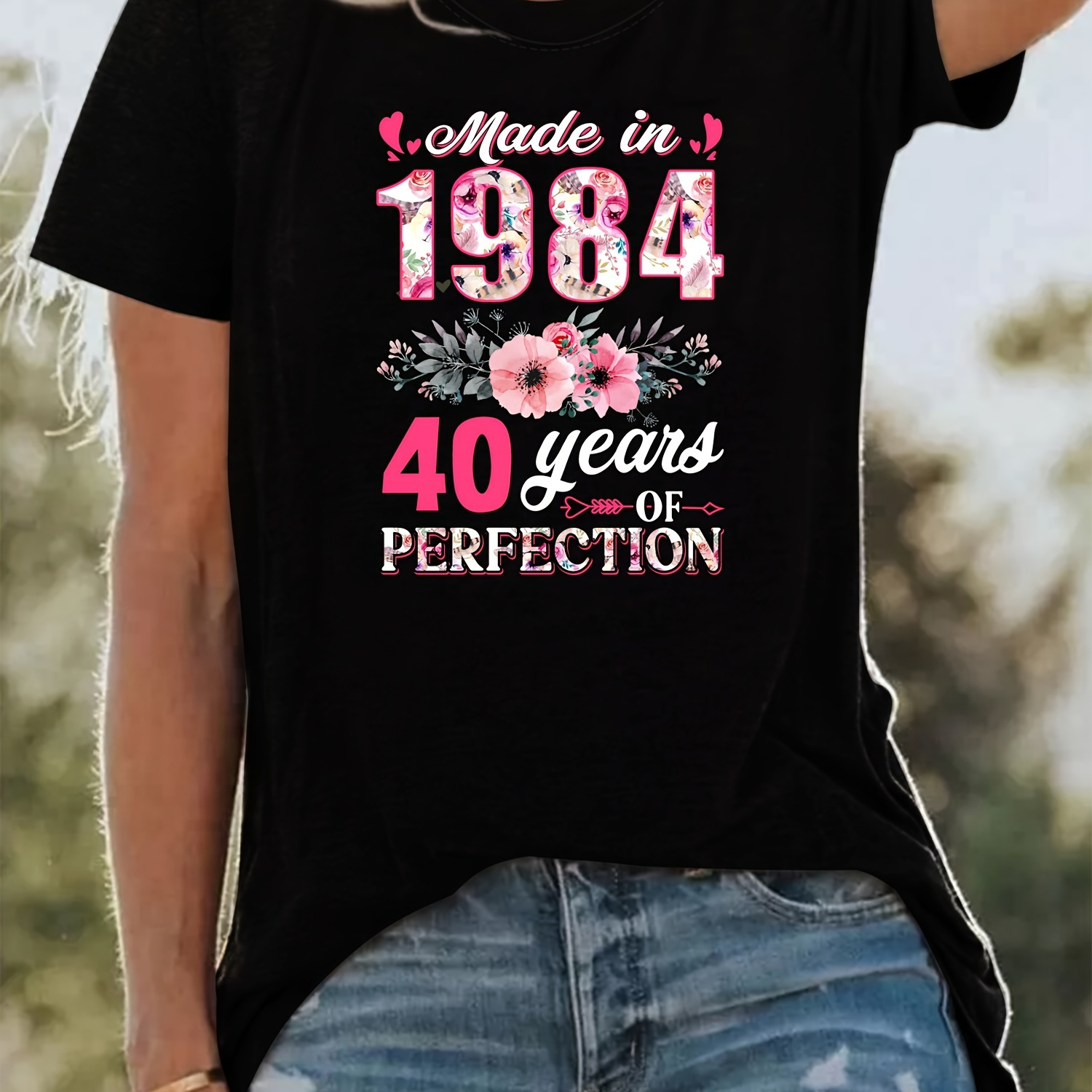 

1984 Letter & Floral Print Crew Neck T-shirt, Casual Short Sleeve Top For Summer & Spring, Women's Clothing