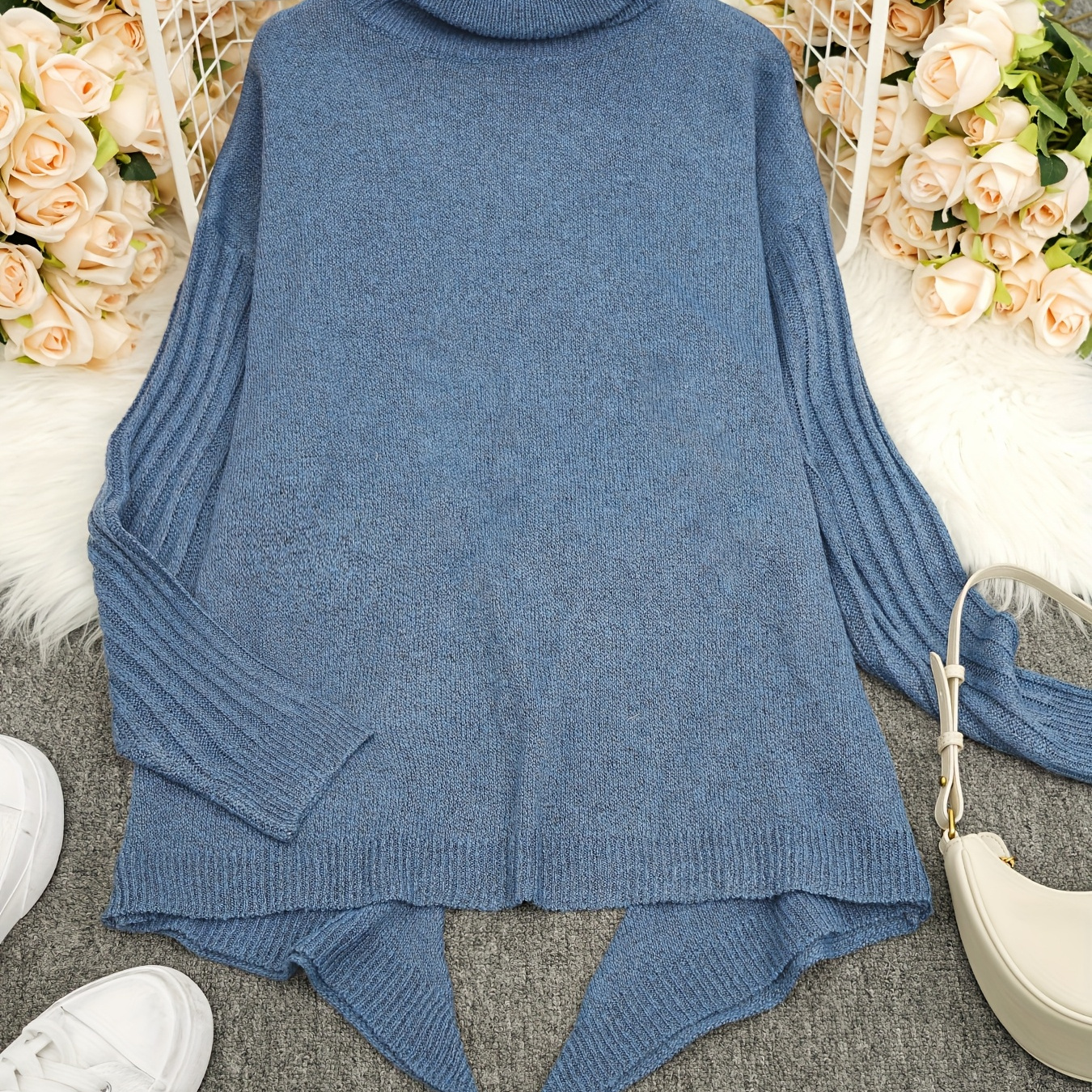 

Women's Casual High Neck Asymmetrical Hem Long Sleeve Pullover Sweater In Solid Knit Polyester