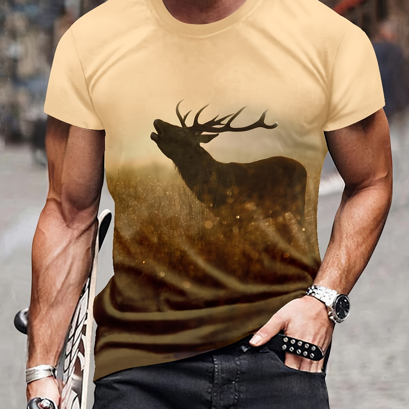 

Men's Deer Print T-shirt, Casual Short Sleeve Crew Neck Tee, Men's Clothing For Outdoor