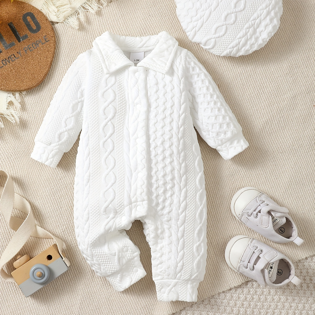 

Baby's Solid Color Turndown Collar Jacquard Long Sleeve Romper + Hat, Toddler & Infant Boy's Bodysuit For Christening Baptism