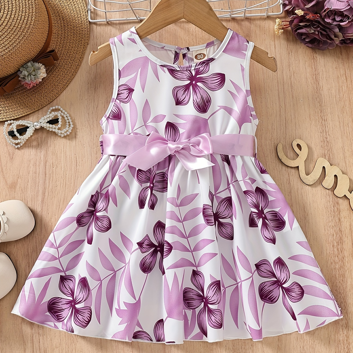 Baby Girl's Casual Floral Print Sleeveless Belted Dress Kid's Clothes