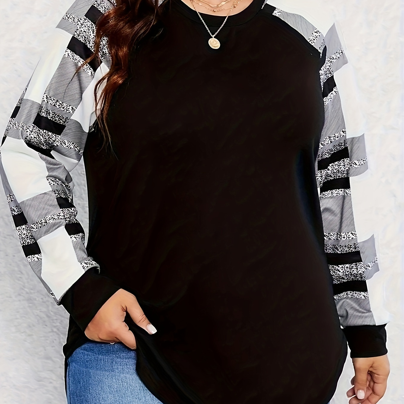 

Plus Size Print T-shirt, Casual Raglan Sleeve Crew Neck Top For Spring & Fall, Women's Plus Size Clothing