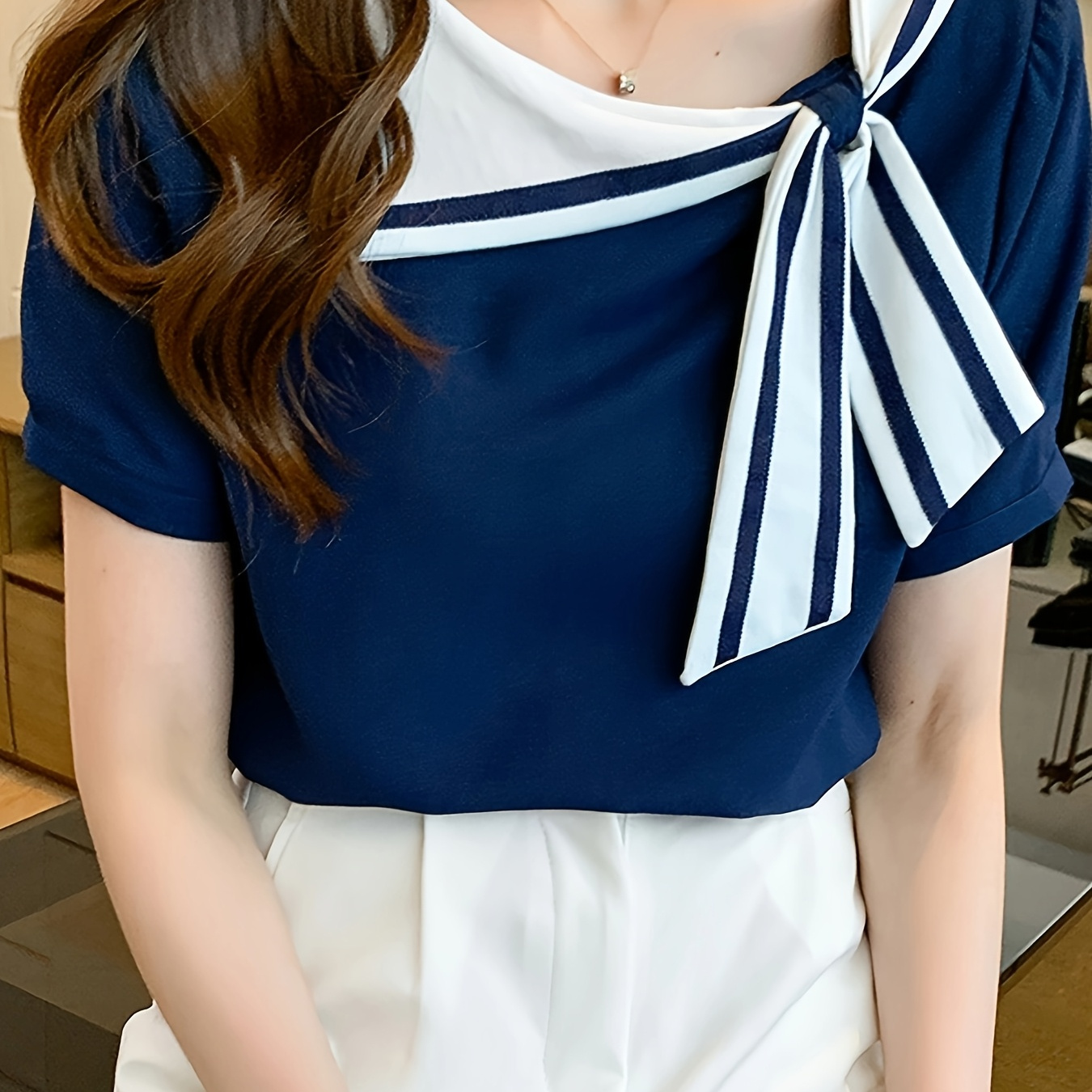 

Striped Print Sailor Collar Blouse, Elegant Short Sleeve Tie Knot Top For , Women's Clothing