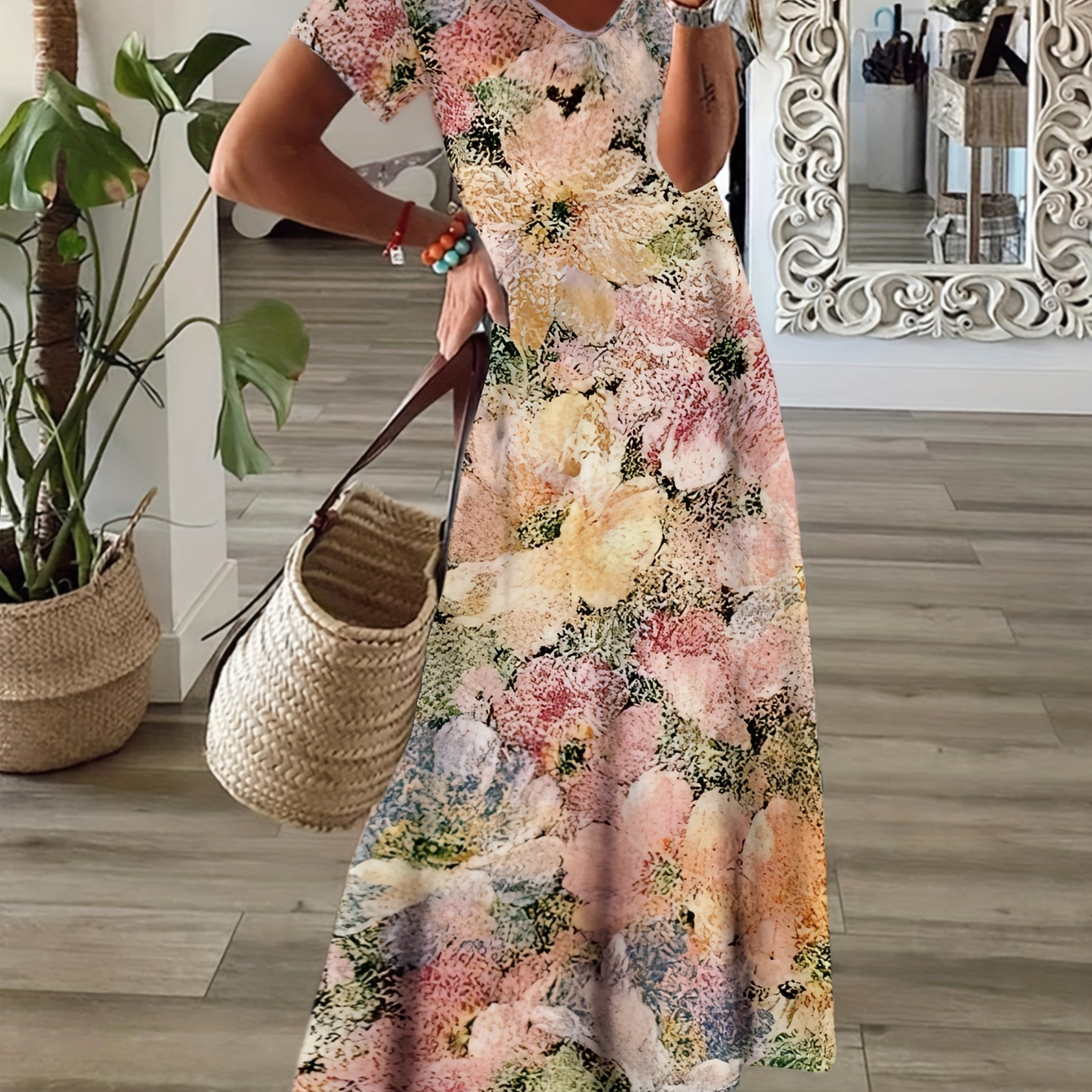 

Floral Print V Neck Loose Dress, Elegant Short Sleeve Dress For Spring & Summer, Women's Clothing