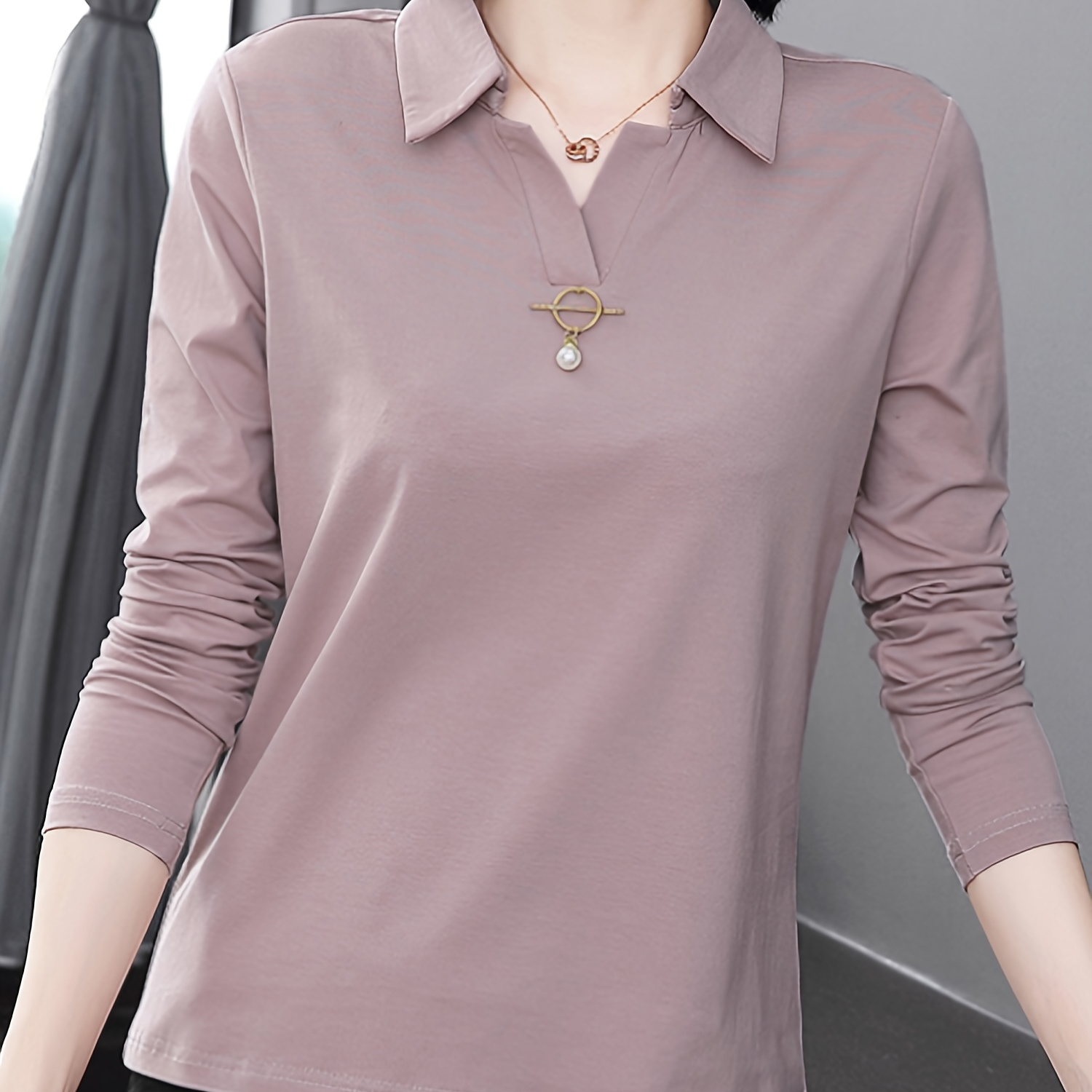 

Solid Color Collared T-shirt, Casual Long Sleeve Top For Spring & Fall, Women's Clothing