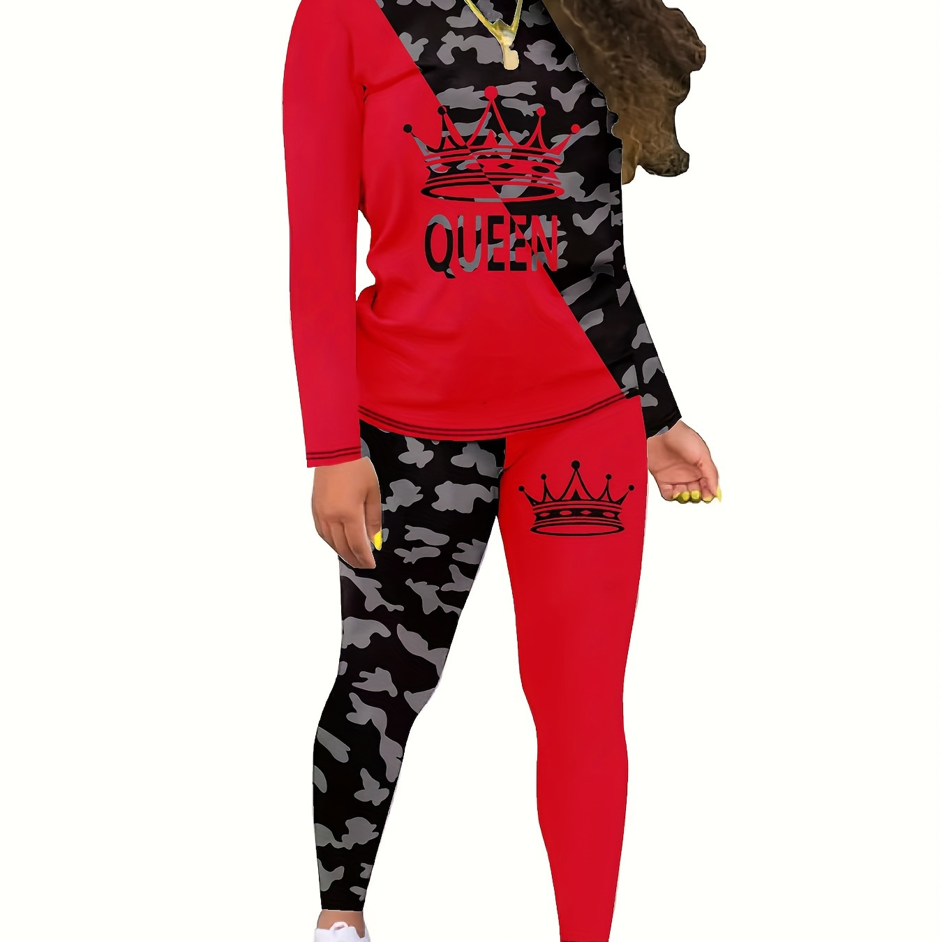 

Women's Casual 2pcs Set, Queen Letter Print, Spring/fall Knit Polyester 95% Elastane 5% Fabric, Crew Neck Long Sleeve Pullovers With Pattern, Regular Fit - 200g/m²