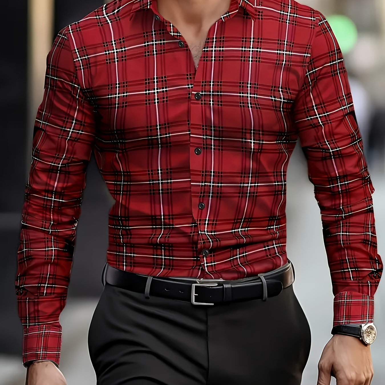 

Men's Checkered Shirt, Casual Lapel Button Up Long Sleeve Shirt For