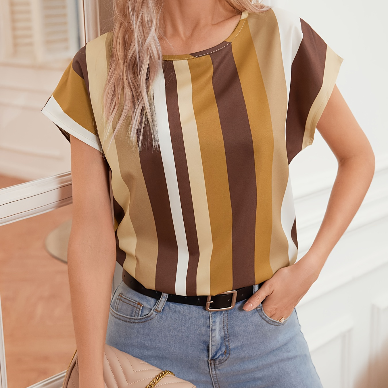 

Striped Short Sleeve T-shirt, Elegant Casual Top For Summer & Spring, Women's Clothing