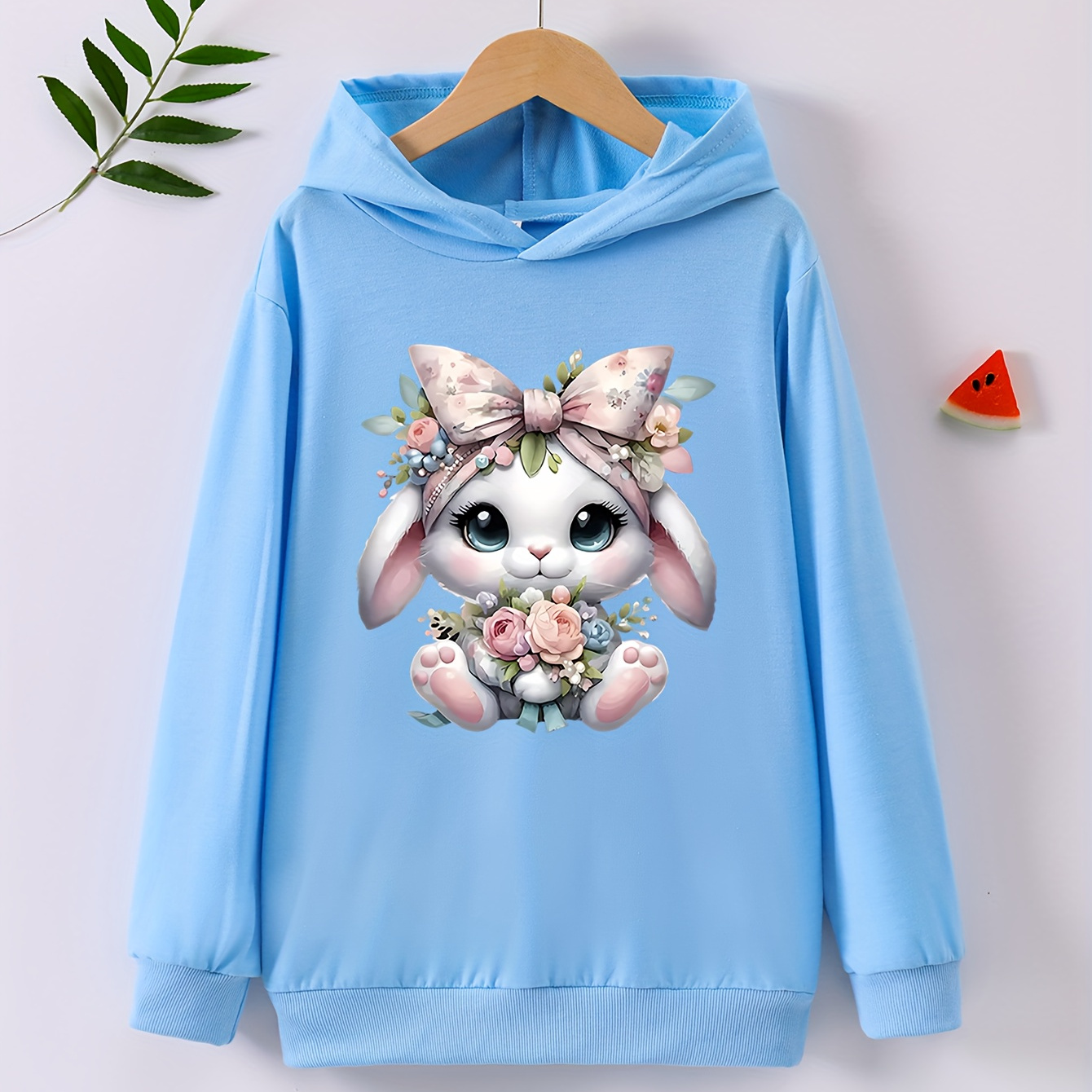 

Girls' Spring/autumn Long Sleeve Cartoon "bunny" Print Hooded Sweatshirt - Casual Loose Fit, Soft Knit Fabric