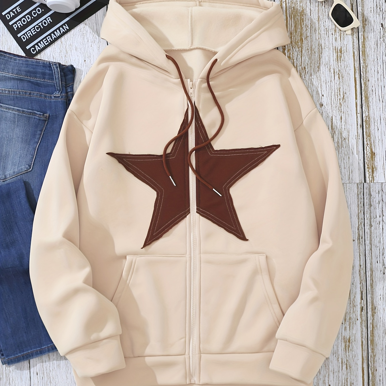 

Star Print Drawstring Kangaroo Pockets Hoodie, Casual Long Sleeve Hoodie For Spring & Fall, Women's Clothing