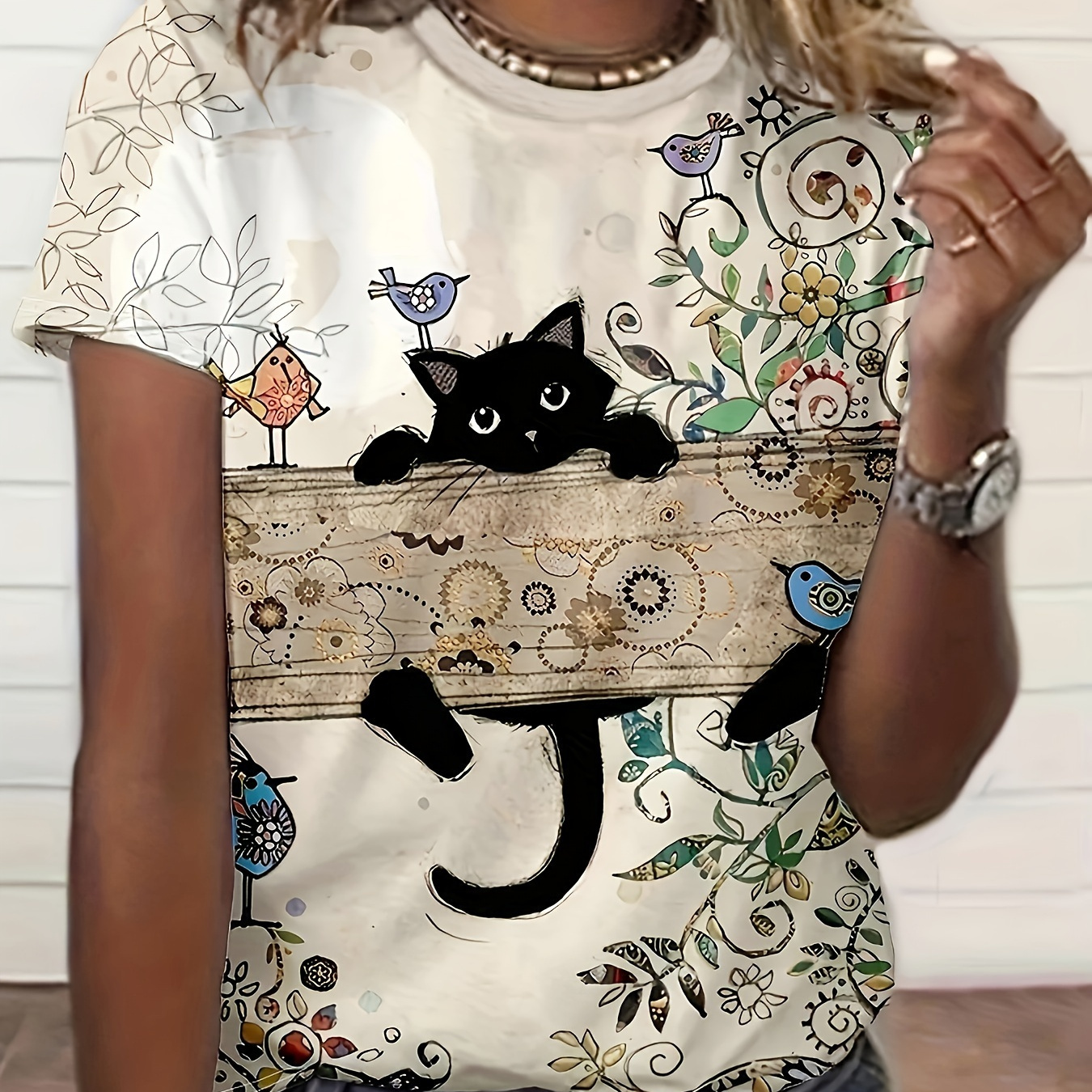 

Plus Size Cartoon Cat Print T-shirt, Casual Crew Neck Short Sleeve T-shirt, Women's Plus Size clothing