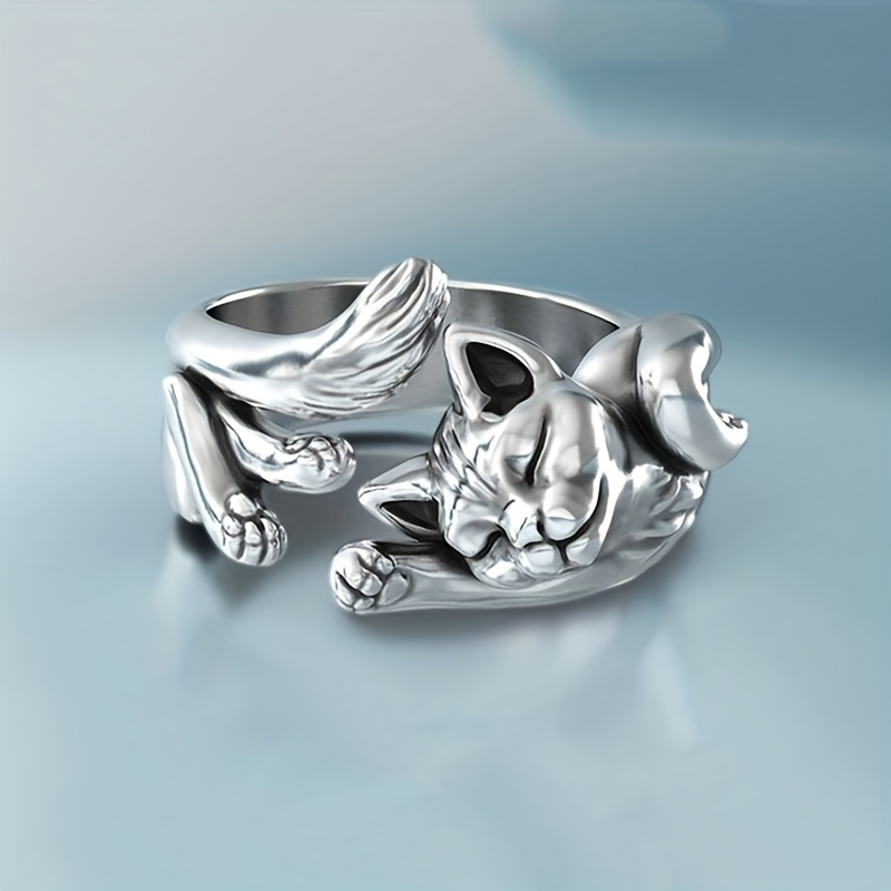 

New Kitty Opening Cat Ring Vintage Silver-plated Cat Totem Ring