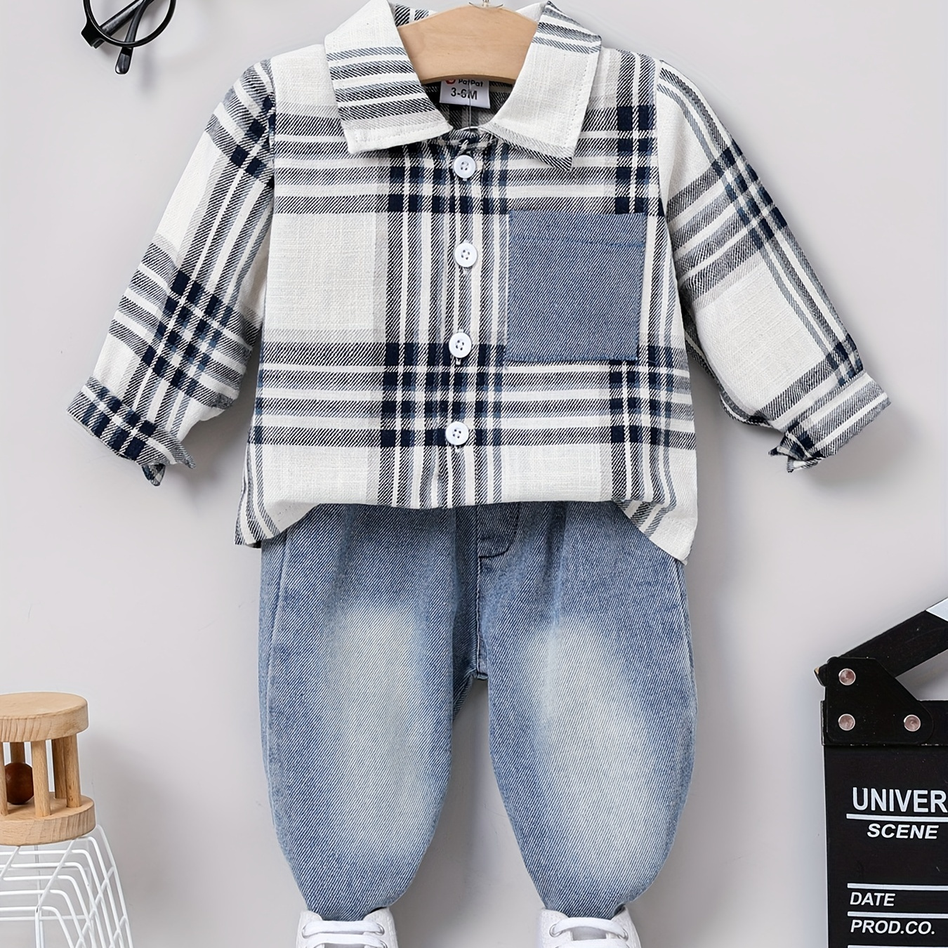 

Patpat 2pcs Baby Boy Casual Patch Pocket Plaid Long-sleeve Lapel Collar Shirt And Jeans/denim Pants Set For Spring & Autumn/fall