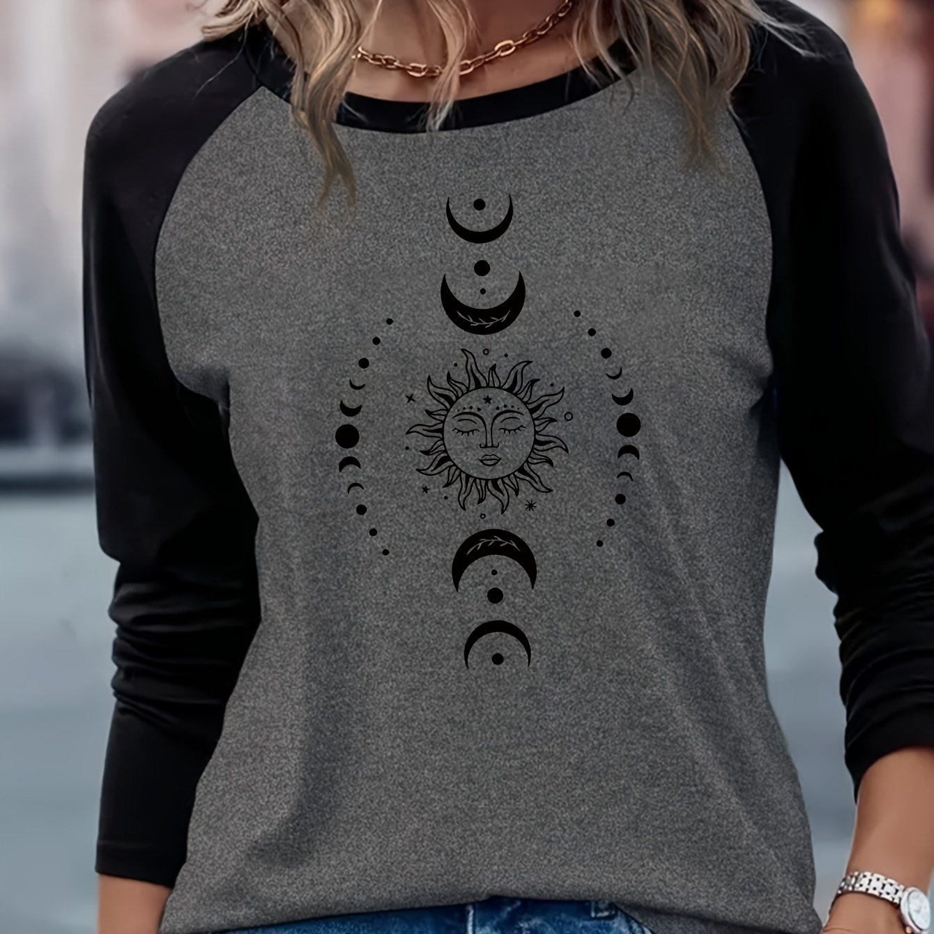 

Print T-shirt, Casual Long Sleeve Raglan Shoulder Top For Spring & Fall, Women's Clothing