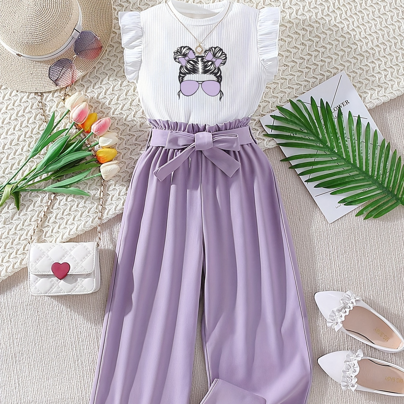 

Girl's 2pcs, Figure Graphic Frill Sleeve Tee + Wide-leg Pants Set Trendy 2-piece Summer Outfit