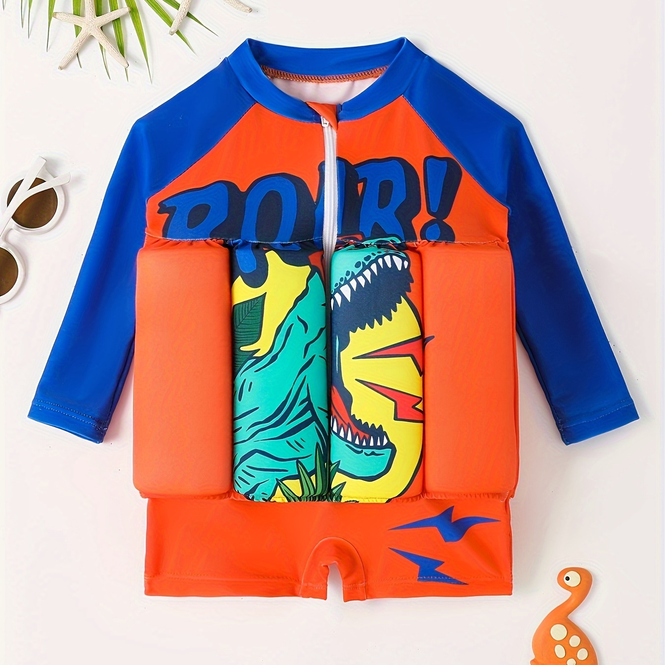 

Baby Boy's One-piece Swimsuit With Cartoon Dinosaur Print, Long Sleeve Front Zipper Safety Buoyancy Swimwear