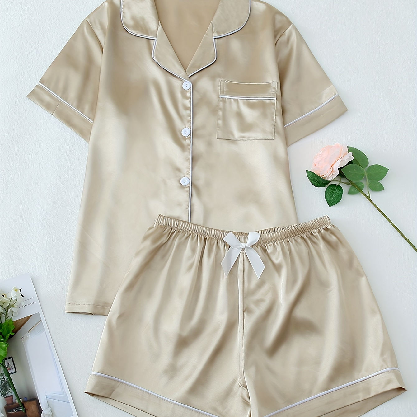 

Women's Comfort Satin Pajama Set - Short Sleeve, Button-up Top & Elastic Waist Shorts With Bow Detail, Machine Washable - Perfect For Spring/summer/fall