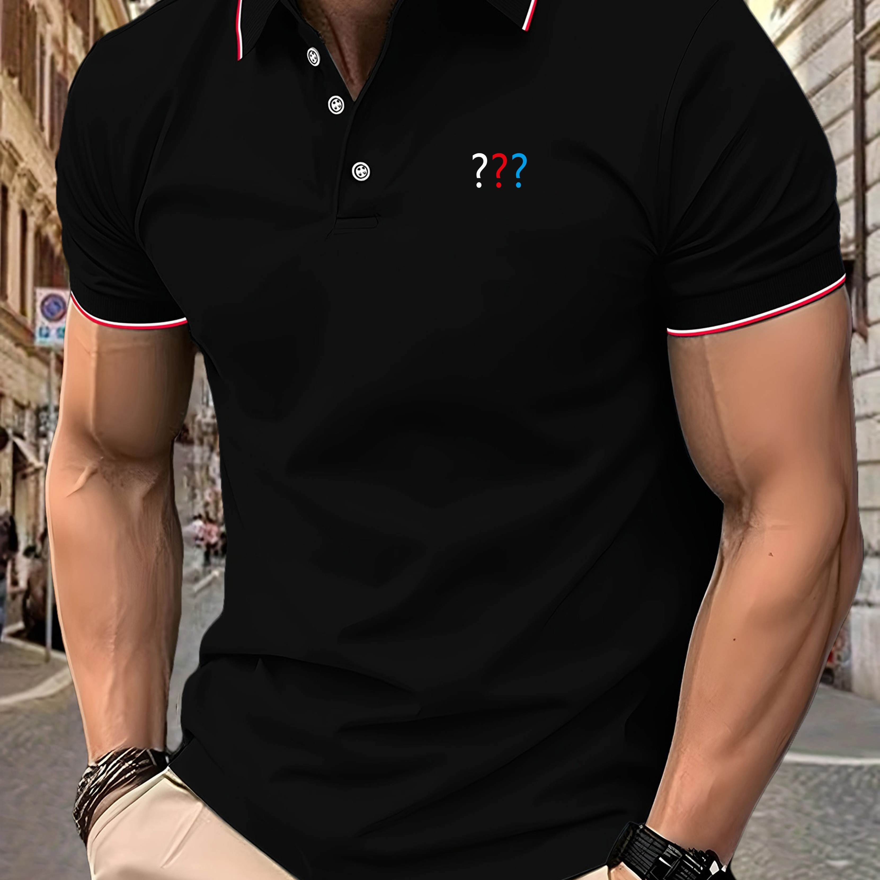 

3 Question Marks Printed, Men's Short Sleeve Golf Shirt, Business Casual Comfy Top For Tennis Training & Daily Wear