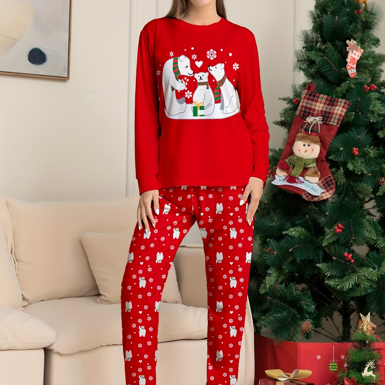 

Christmas Bear Print Pajama Set, Long Sleeve Crew Neck Top & Elastic Waistband Pants, Women's Sleepwear & Loungewear