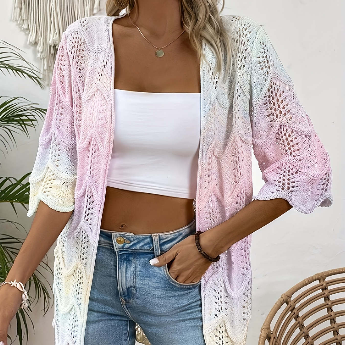 

Elegant Women's Lightweight Gradient Cardigan - V-neck, Sheer Polyester, Intricate Lace Pattern, Spring/summer, Hand Or Only