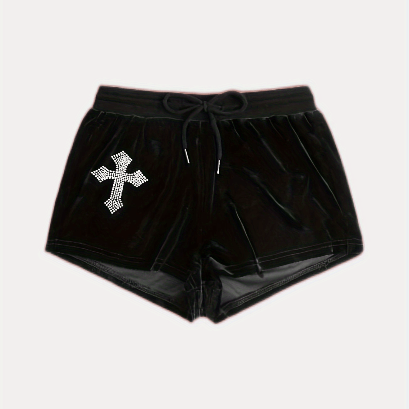 

Rhinestone Cross Drawstring Waist Shorts, Casual Comfy Velvet Shorts, Women's Clothing