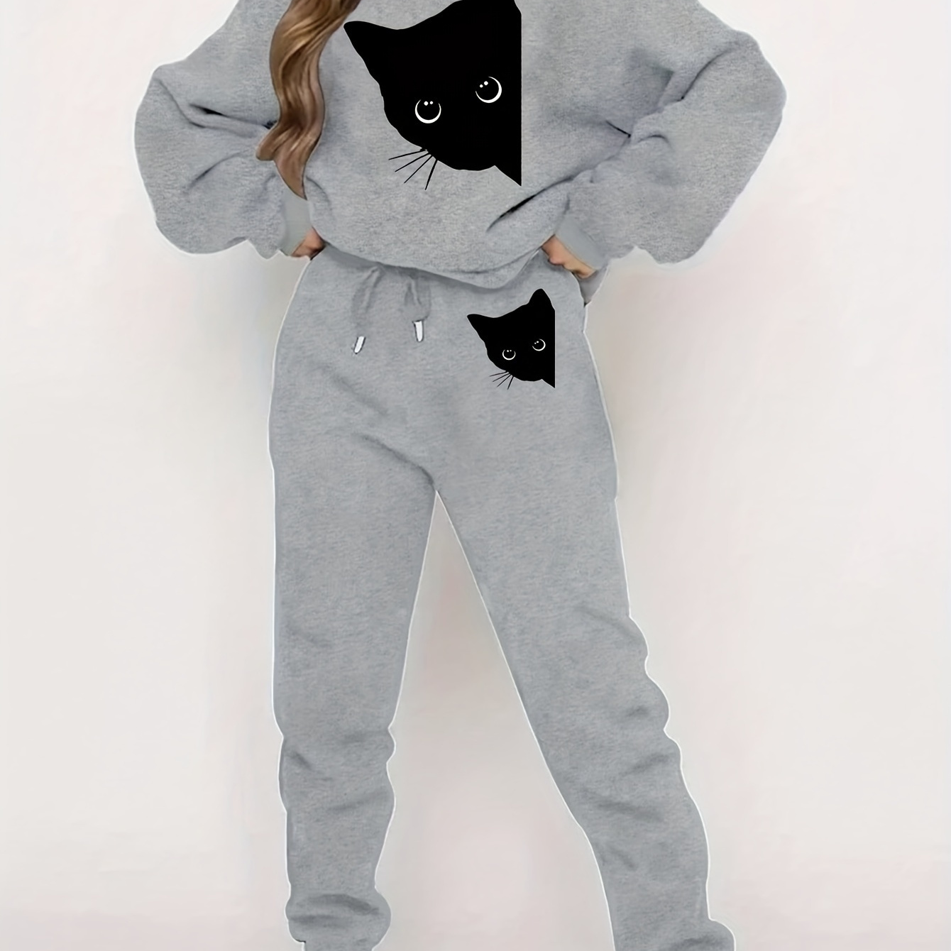 

Women's Festive Set, Round Neck Sweatshirt With Cartoon Cat Print, Casual Polyester Jumpsuit, Knit Fabric, Autumn/winter Fashion, Ladies' Outfit With Drawstring Pants