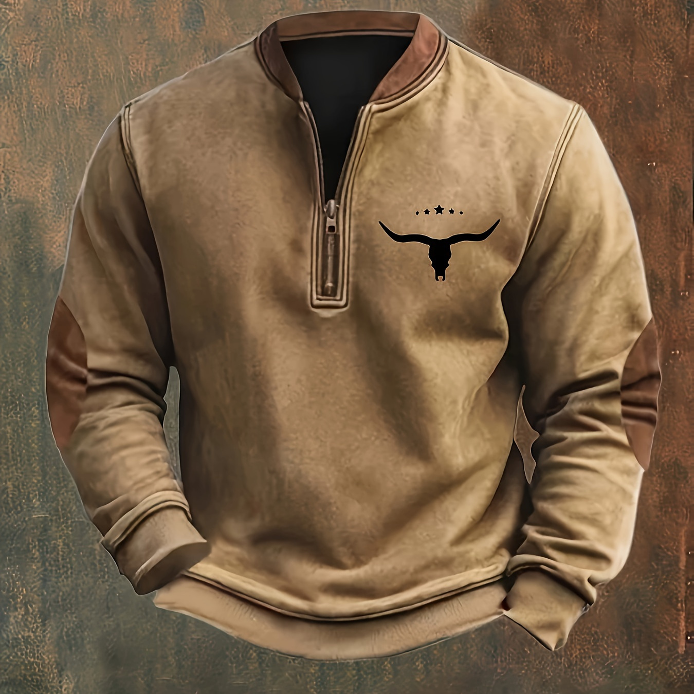 

Men's Casual Knit Polyester Henley Shirt, Long Sleeve Stand Collar, Solid Color With Deer Head Print, Regular Fit, For Fall/winter